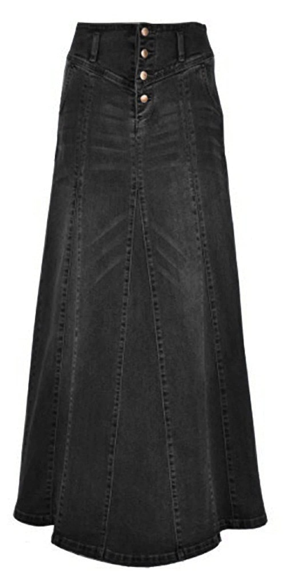 Women's Retro Exposure Button-Fly Packaged Hip A-Line Maxi Long Denim Skirt