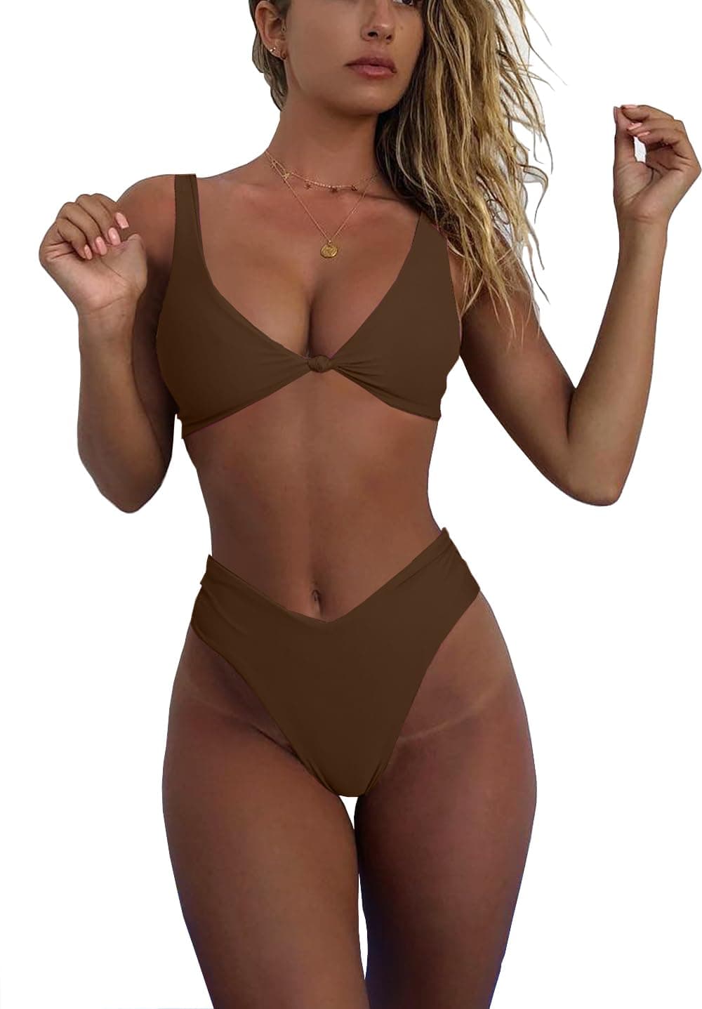 geluboaoBikini Set for Women Solid V Neck Knot Front Push Up High Leg Thong Two Piece Swimsuit