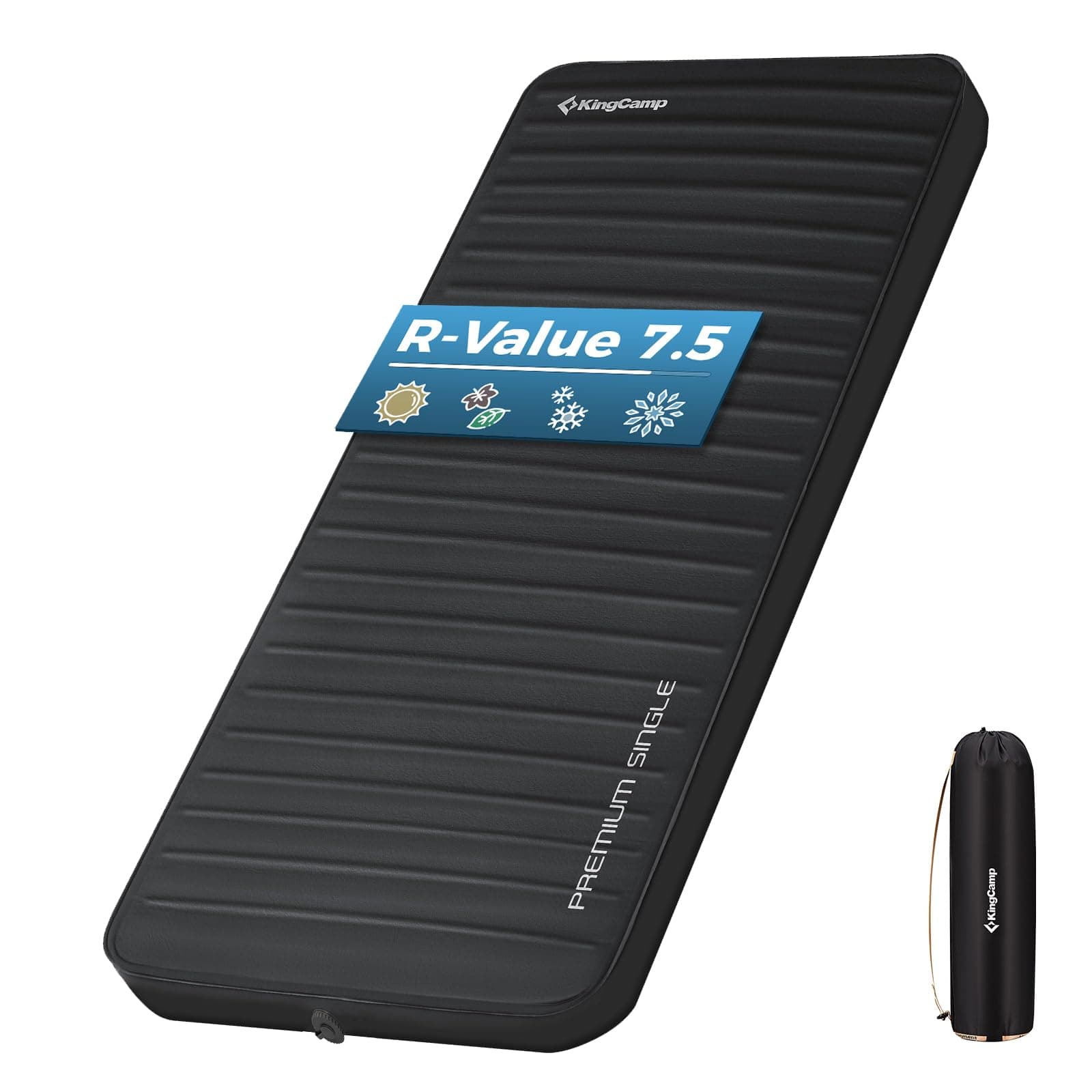 KingCamp PREMIUM SINGLE Self Inflating Sleeping Pad, 7.5 R-Value Air & Foam Camping Mattress, 3" Thick Insulated Sleeping Pad with Pump Sack for Car Camp Tent, PVC Free, Single Black