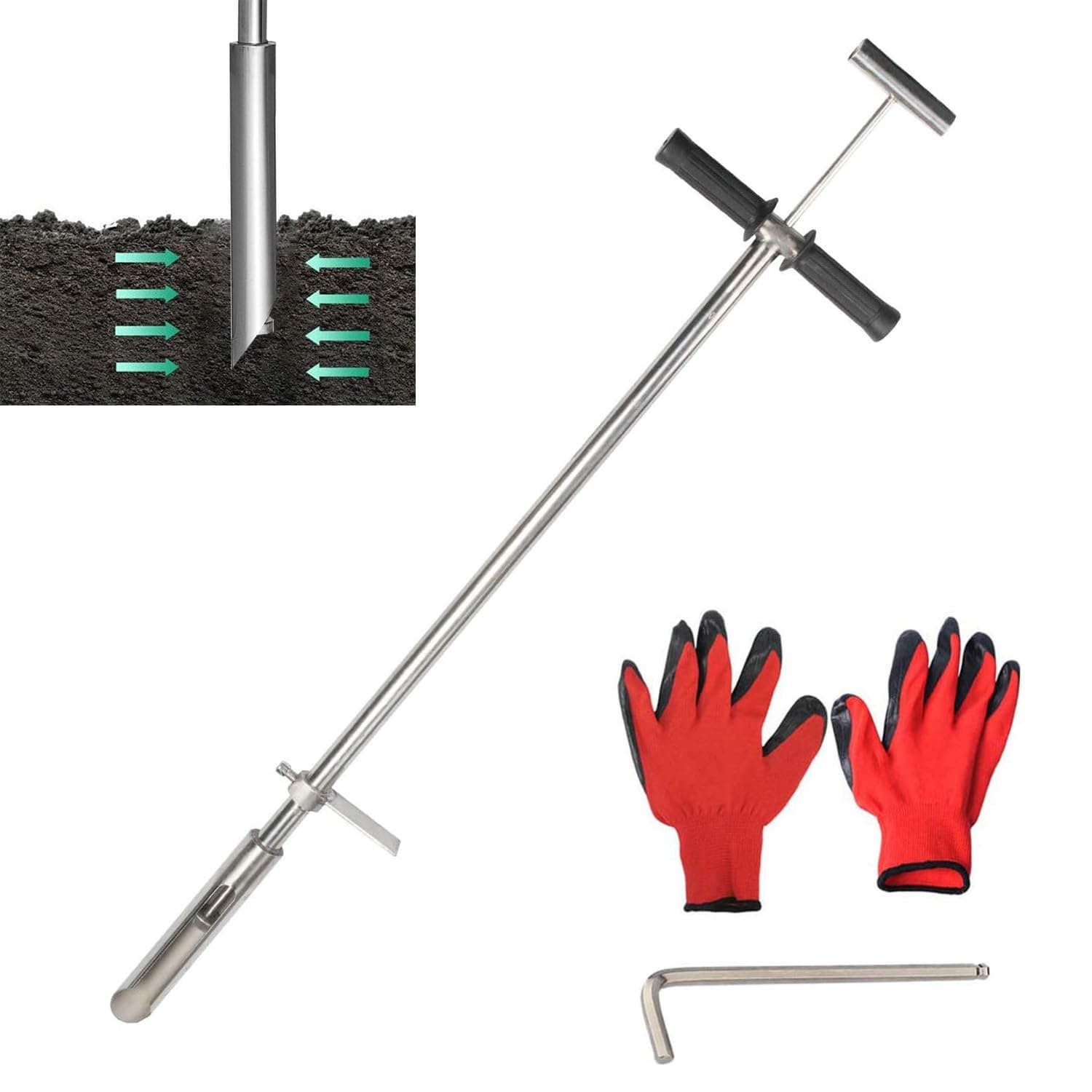 𝟰𝟬" Soil Sampler Probe Rod with Sample Ejector, 𝟯𝟬𝟰 𝙎𝙩𝙖𝙞𝙣𝙡𝙚𝙨𝙨 Soil Probe Sampler Probe Step Tube with Foot Pedal T-Style Handle Soil Probes for Soil Sampling, Lab Garden Soil Test Tool