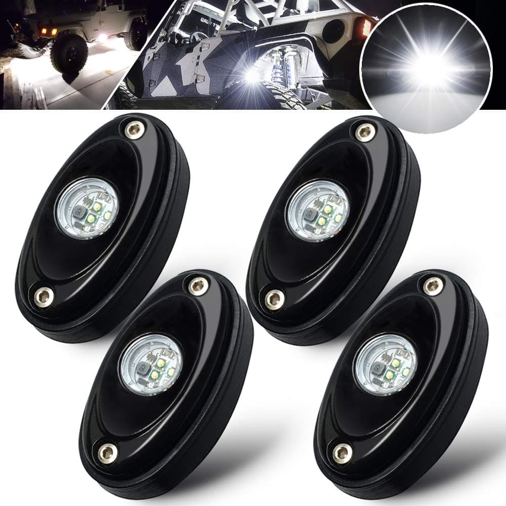 White LED Rock Lights Under glow LED Light kits Waterproof LED Neon Light for Jeep off road Truck UTV ATV SUV Baja Raptor Boat Rig Lamp Trail Underbody Light (4 Pods)