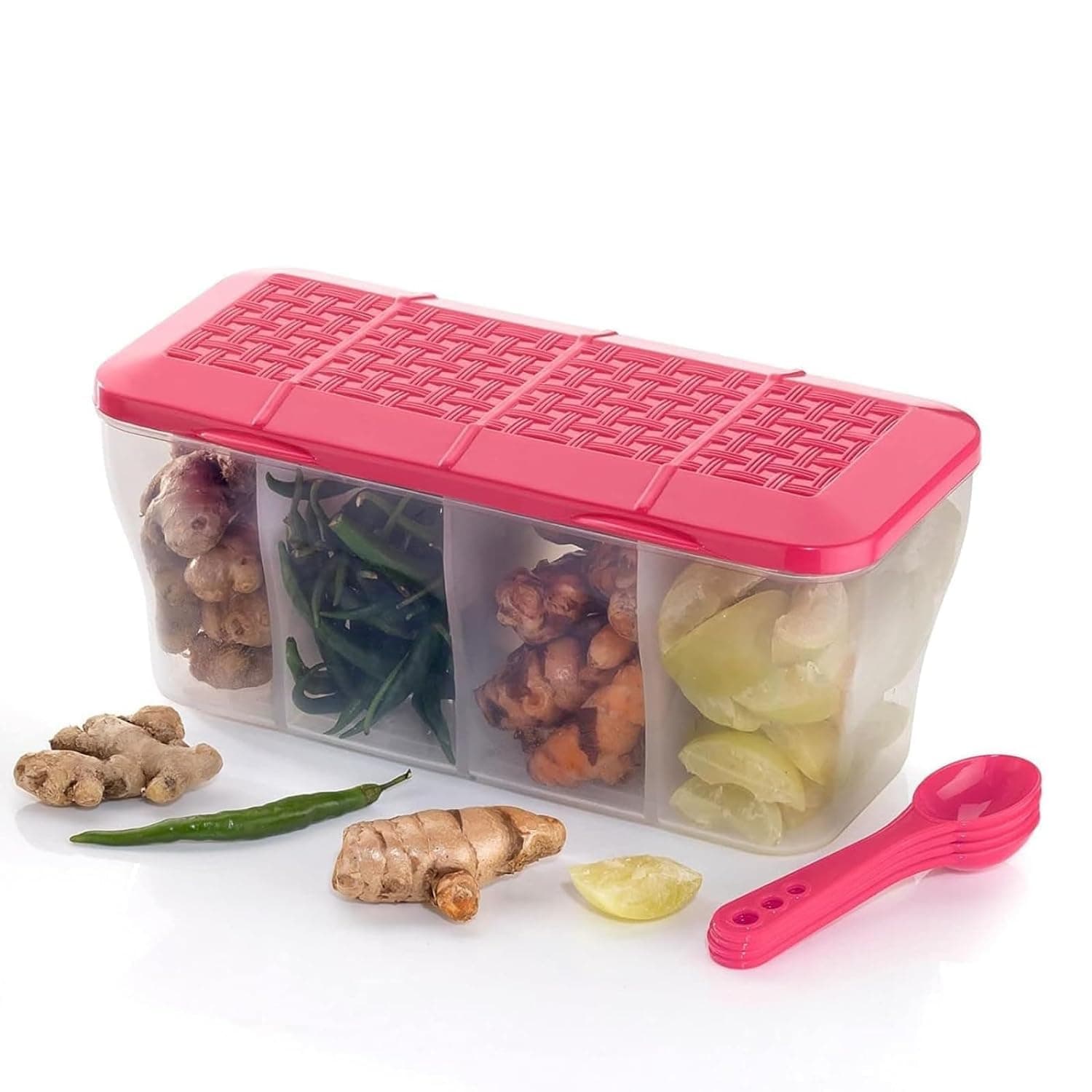 Xmart India Multipurpose Plastic 4 in 1 Masala Box for Kitchen, Spice Boxes for Kitchen,4 Compartment Storage Containers Grocery,Cereal,Dry Fruits Dabba 1800 Ml with 4 Spoons(Pink)