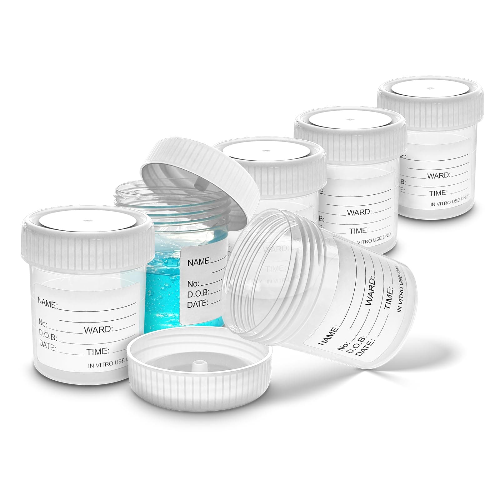 RE-GEN 6x 60ml Clear Specimen Liquid Container Sample Pots - Secure Fit Screw Top White Lids & Printed Clear Identification ID Label