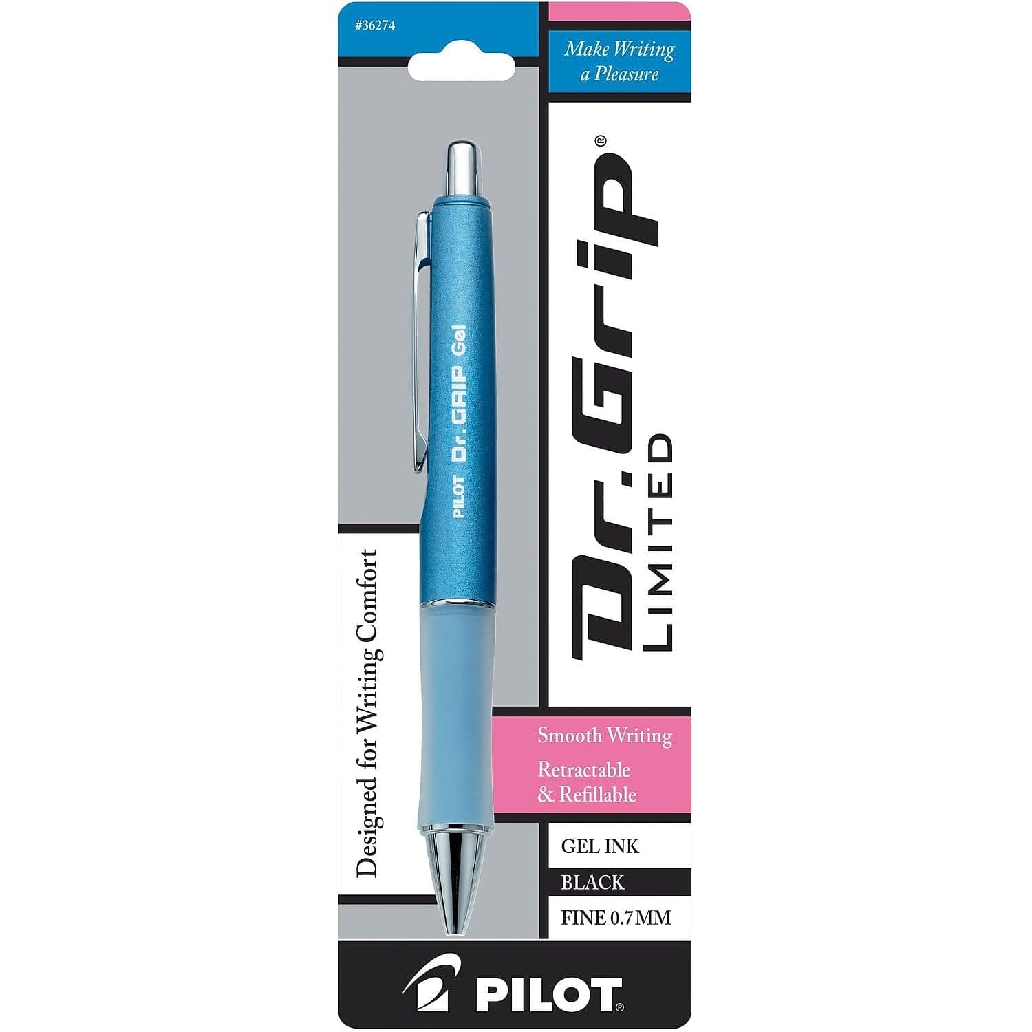 PILOT Dr. Grip Limited Refillable & Retractable Gel Ink Rolling Ball Pen, Fine Point, Assorted Barrel, Black Ink, Single Pen (36274)