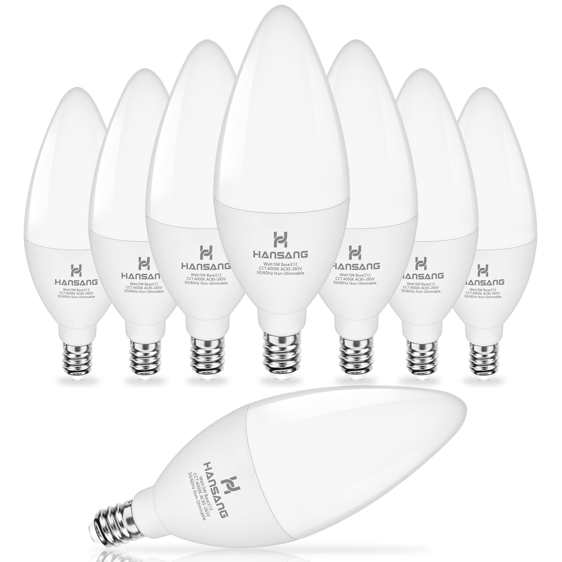 hansang LED E12 Chandelier Light Bulbs, Type B Light Bulbs 5W (60W Equivalent), Natural White 4000K Candelabra LED Light Bulbs, E12 Light Bulb 500LM, Non-Dimmable B11 Ceiling Fan Light Bulb, 8 Pack