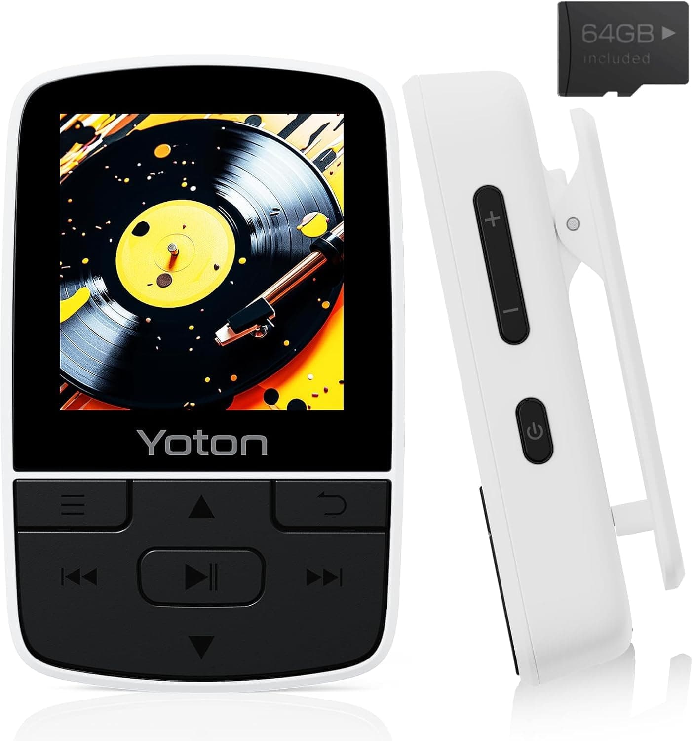 Yoton MP3 Player with Bluetooth 5.2, 64GB Storage, Mini Size, HiFi Music, with Sports Clip, Independent Volume Control, FM Radio, Includes Headphones, White