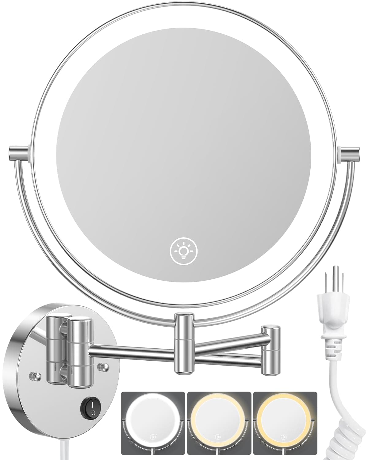 9" Large Wall Mounted Lighted Makeup Mirror, 1X/10X Magnifying 2-Sided AC Plug-in Powered Bathroom Mirror with 3 Color Lights, Touch Dimmable, Extended Arm 360° Rotation, 【Silver】
