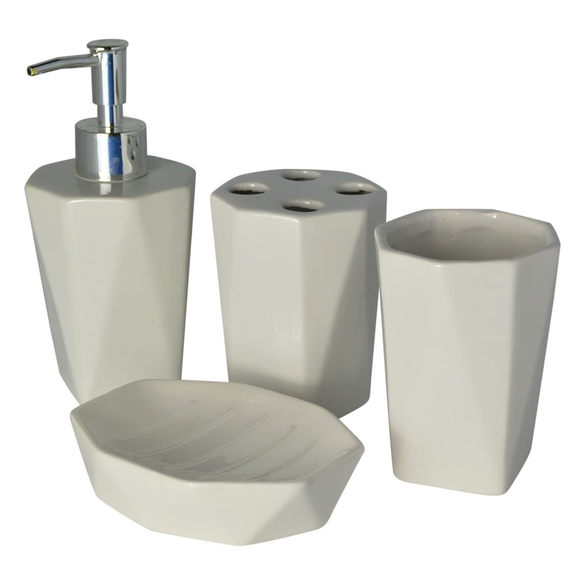 Fingey Modern Design 4 Piece Ceramic Bathroom Accessory Set, Soap Dish, Tooth Brush Holder, Soap Dispenser, Tumbler (White Triangle)