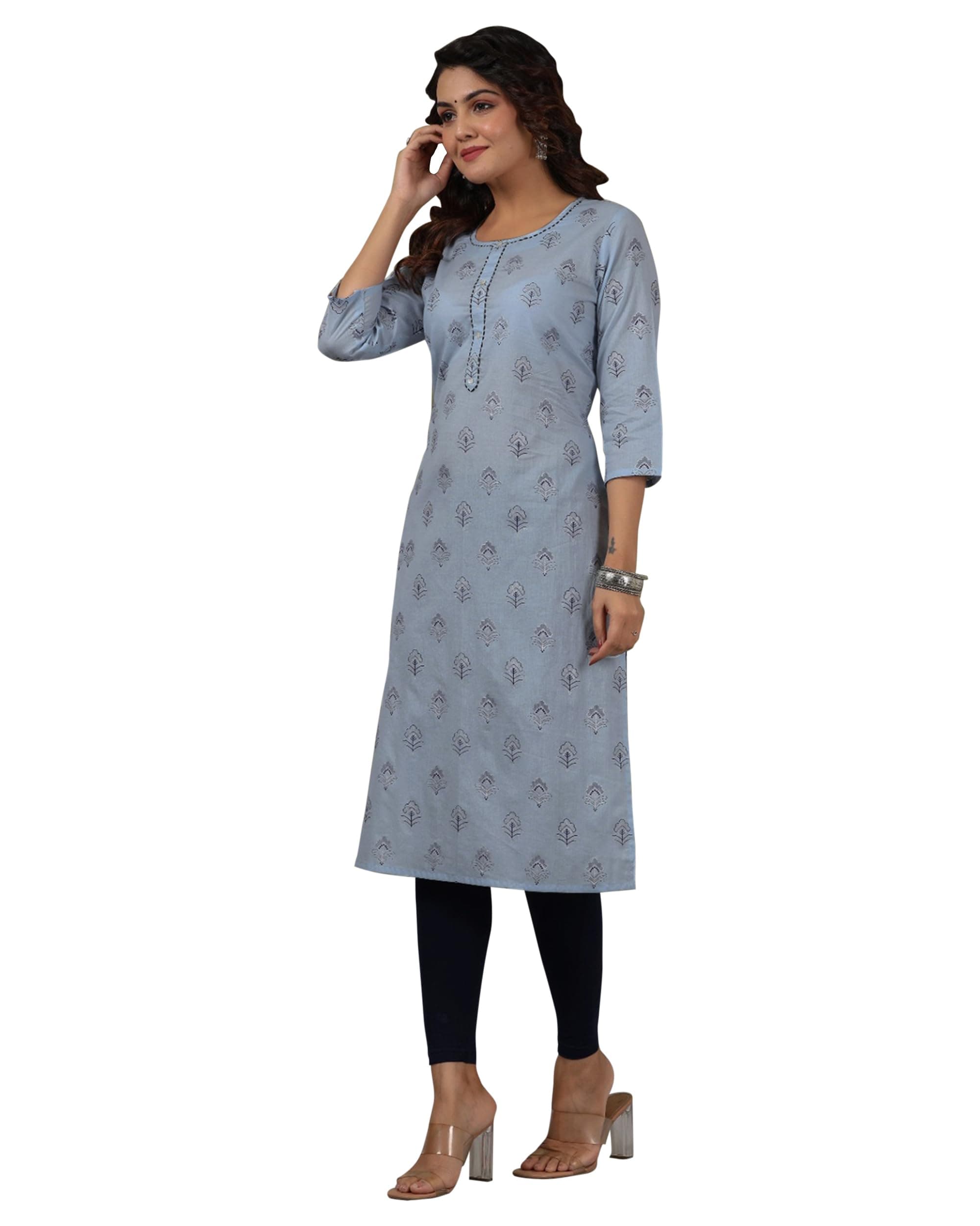 Peachmode Sky Blue Floral Printed Rayon Kurti