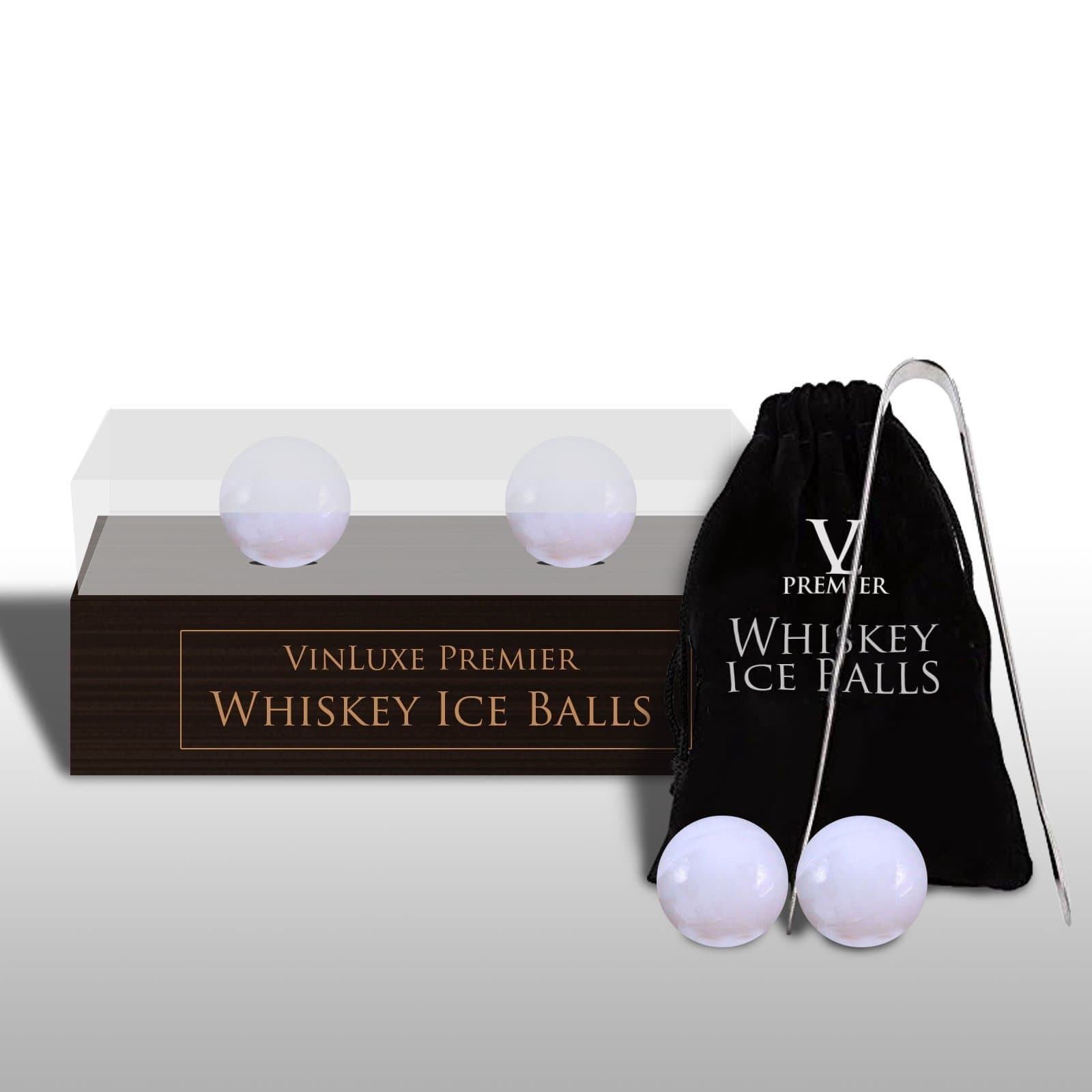 White 2 Ceramic Whiskey Chilling Rocks Balls Gift Set - 2 Ice Balls with Ice Tongs - Black Travel Pouch