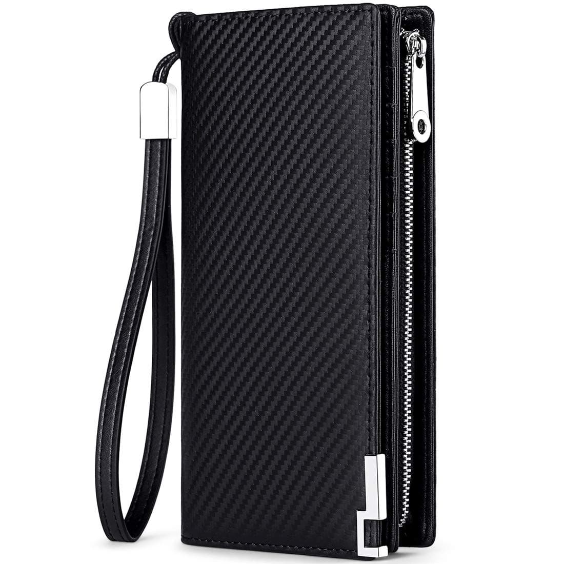 Huztencor Long Wallets for Men Leather RFID Blocking Bifold Wallet with Zipper, Carbon Fiber Black and Orange, Large