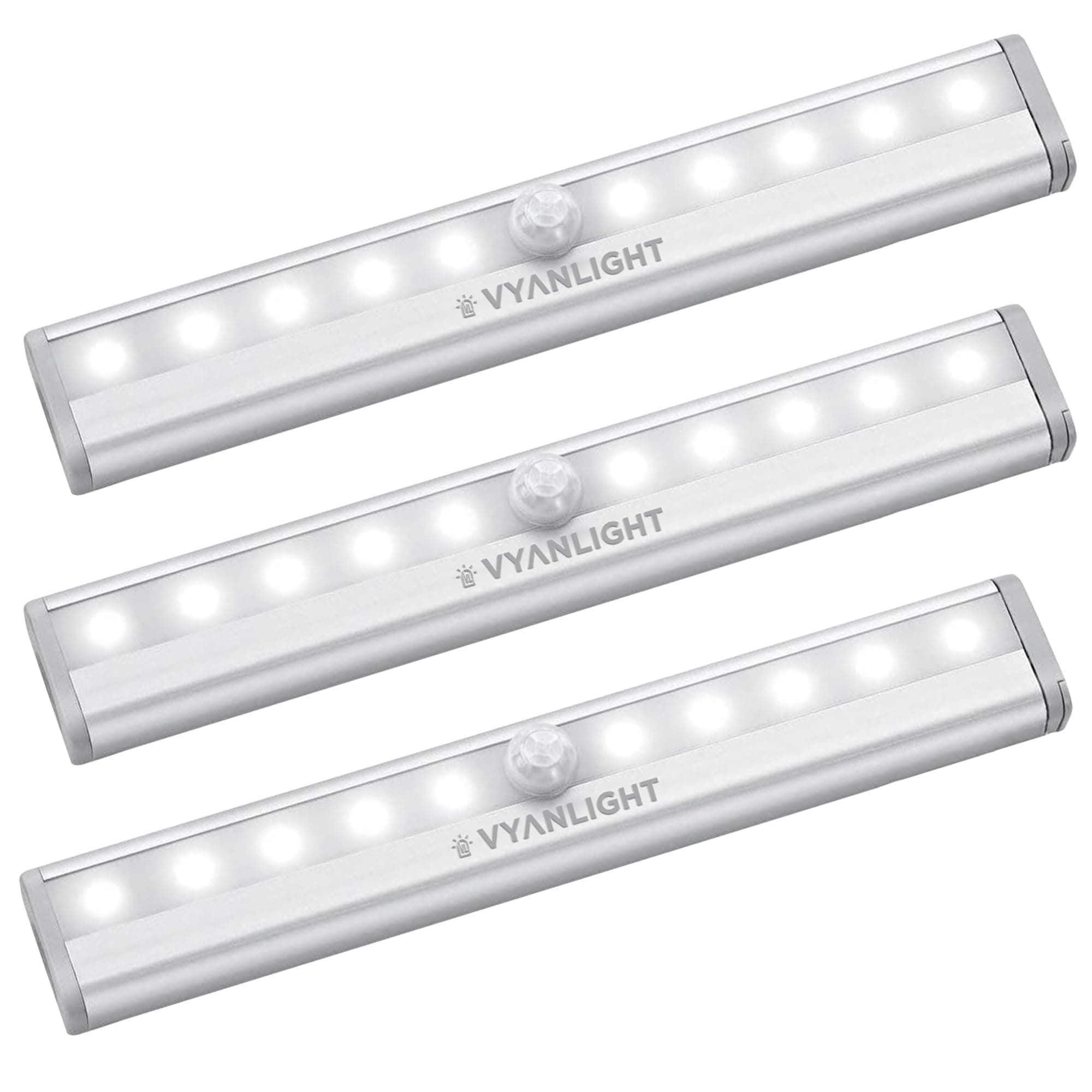 VYANLIGHT Motion Sensor LED Under Cabinet Lights, 10 LED Light Strips for Closet, Kitchen, Bathroom, Pantry - Battery Operated, Wireless, Peel and Stick, 3 Pack