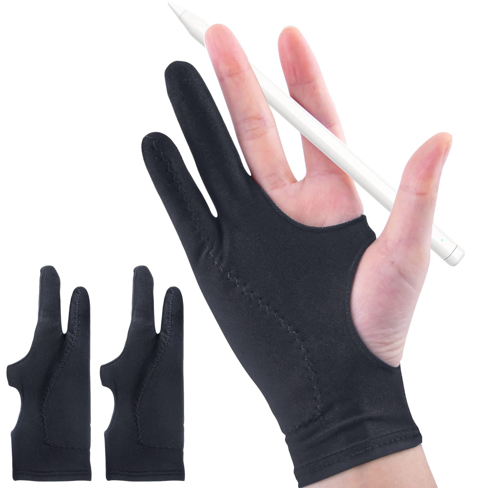 2-Pack Drawing Glove Palm Rejection for iPad Surface All Capacitive Touch Screen Artist Right/Left Hand Graphic Tablet, Graphics Monitor Digital Drawing Sketching, Inking, Coloring Two Finger Gloves