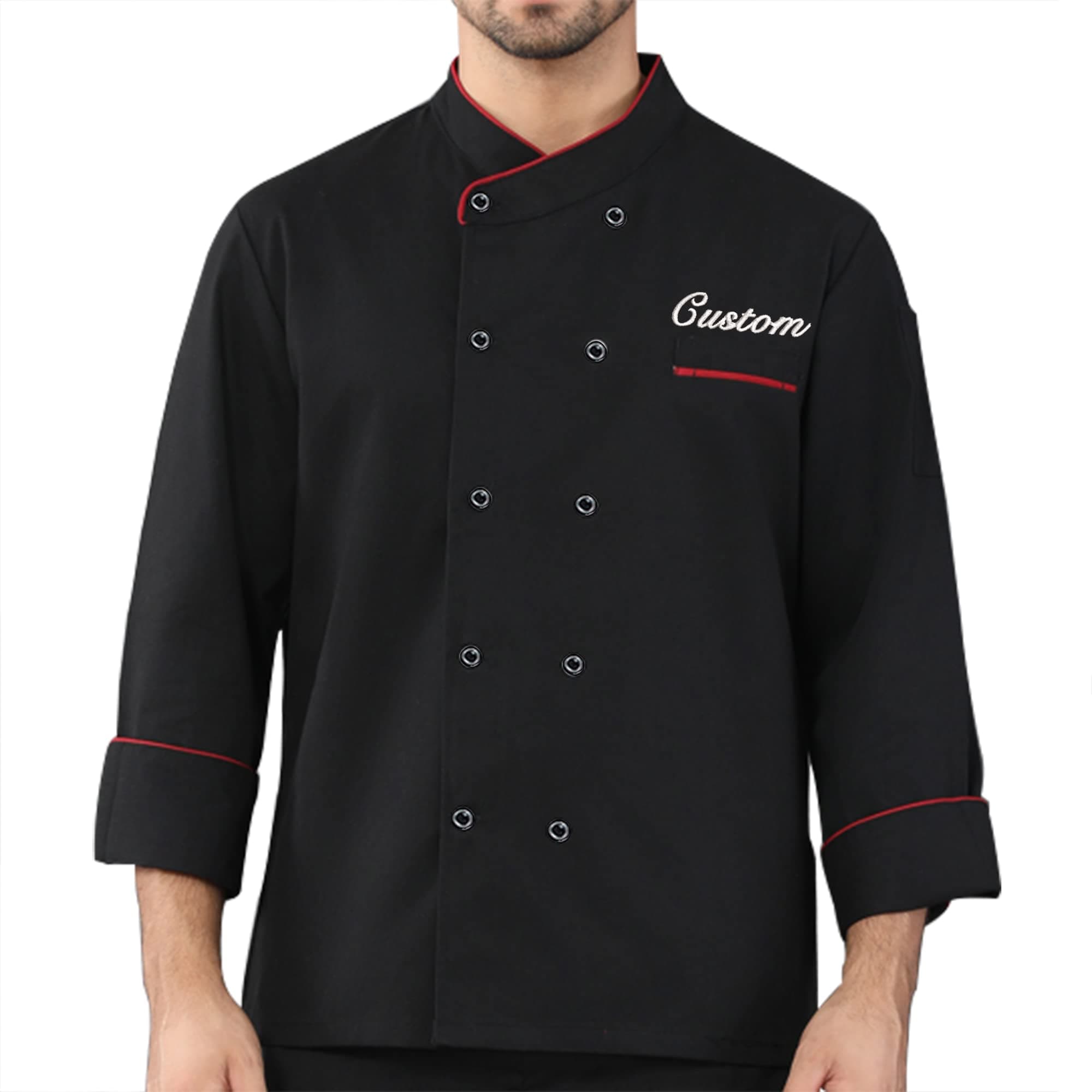 Pekdi Personalized Chef Coat Custom Chef Jacket Long Sleeve Embroidered Chef Shirts Black Kitchen Uniforms Clothes Men Women