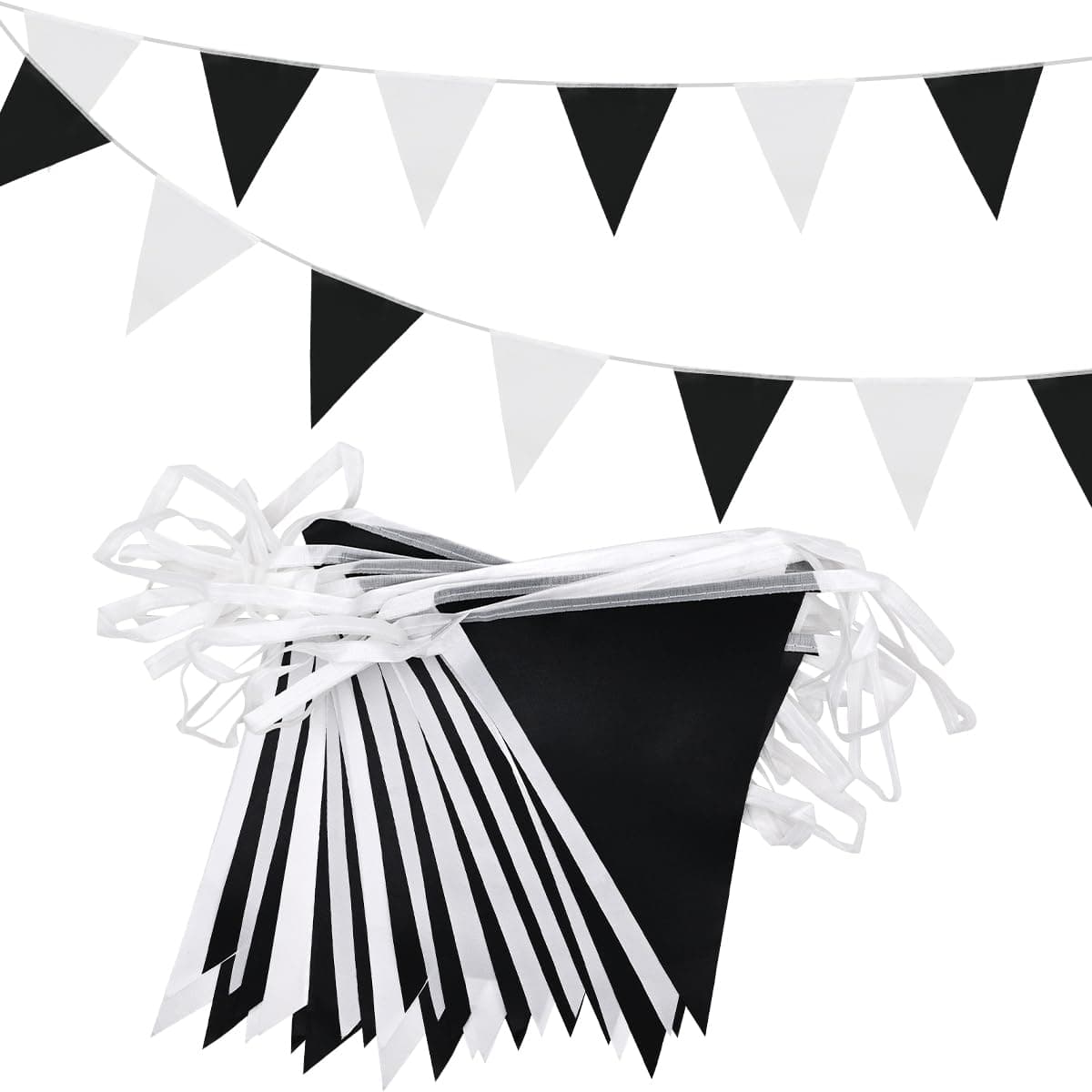 20m 52pcs Black White Pennant Bunting,Double Sided Reusable Polyester Fabric Two-tone Triangle Flags Banner for Indoor Outdoor Birthday Party Decorations