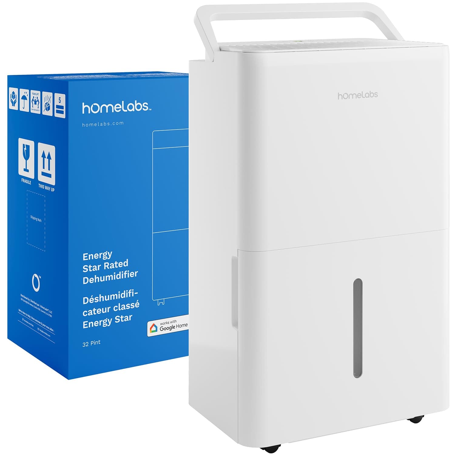 hOmeLabs Dehumidifier - Advanced Humidity & Moisture Control, Quiet, Efficient, Auto Shut-off, Ideal for Home, Basement, Office - 4,500 Sq Ft Wi-Fi (32 Pint MAX 80 Pint at 95°F, 90% RH)