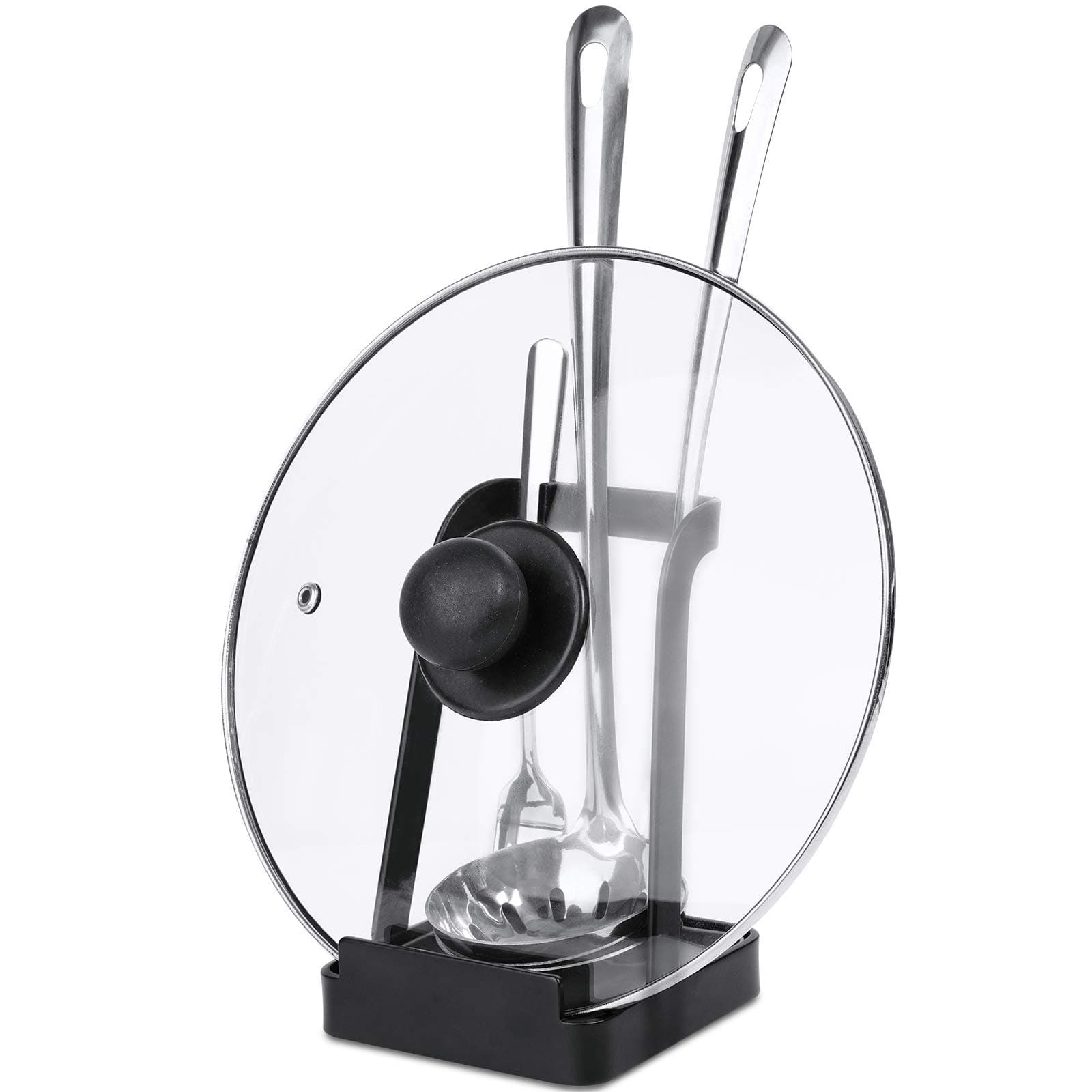 NiHome Versatile Pot Lid Ladle Holder Multipurpose Spatula Pad Book Cutting Board Spoon Rest Kitchen Utensils Drip Tray Washable Durable Stable Tack-Free Installation (Black)