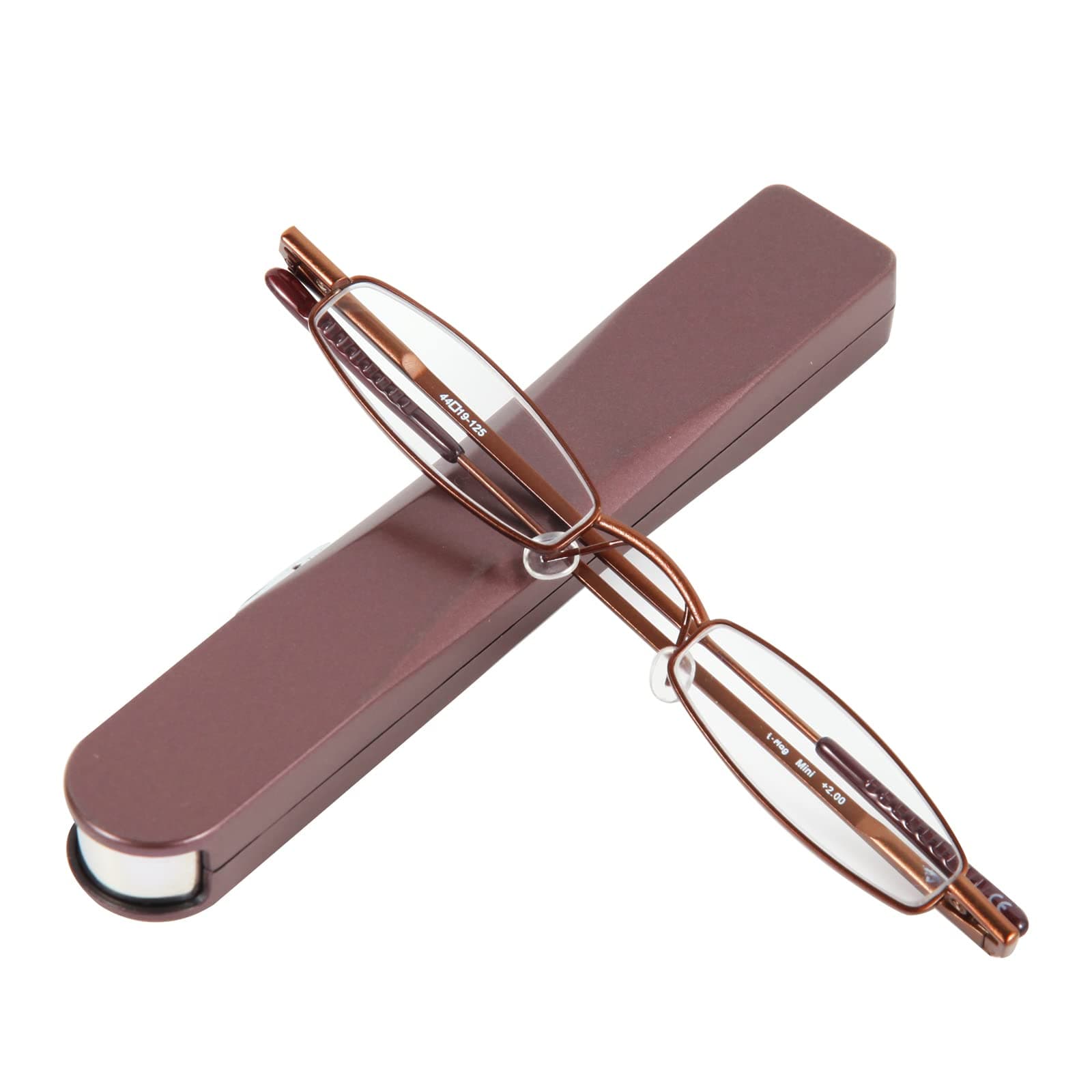 I-Mag Mini Slim Metal Spring Hinge Reading Glasses with Push Button Slide Open Hard Case (1.00 Brown) Scratch Resistant Acrylic Lens Lightweight Stylish Durable Foldable Optical Glasses Men & Women