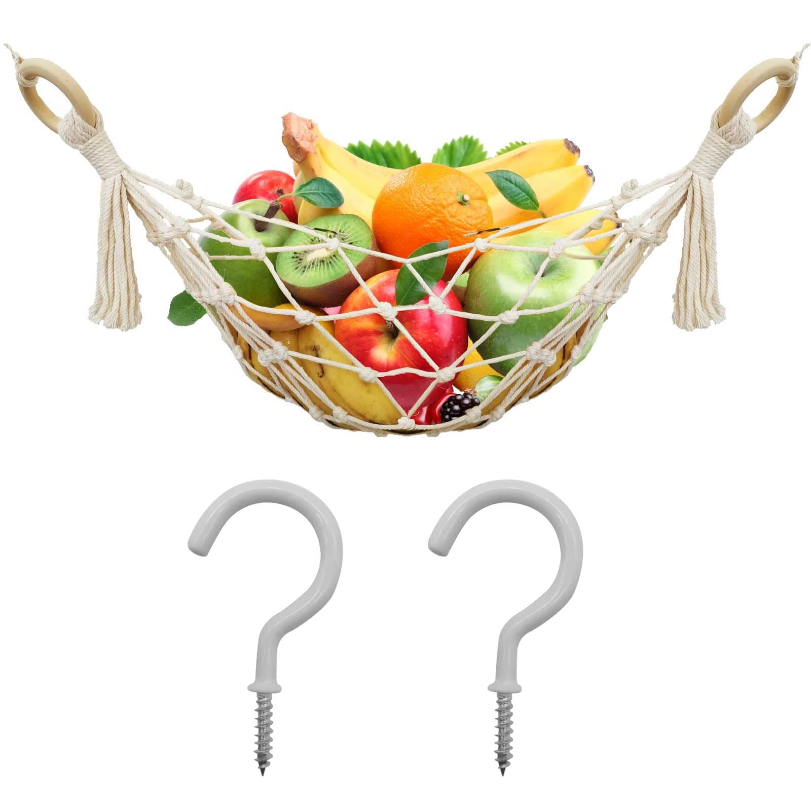 BLMHTWO Fruit Hammock, Hanging Fruit Hammock with Hooks Fruit Hammock for Kitchen Under Cabinet Cotton Handwoven Space Saving Under Cabinet Fruit Hammock for Home Kitchen (Creamy White)