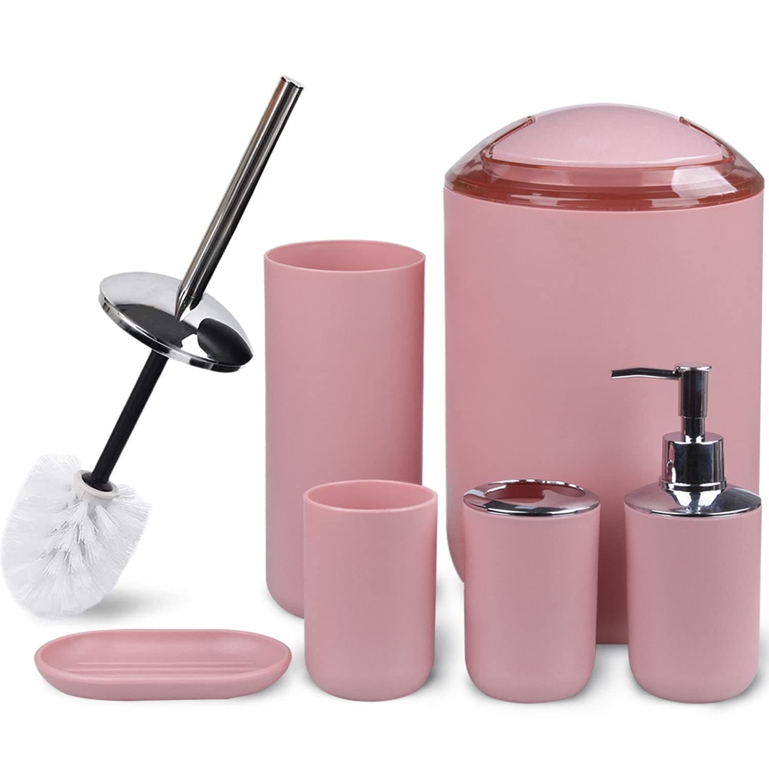 CERBIOR Bathroom Accessories Set 6 Piece Bath Ensemble Includes Soap Dispenser, Toothbrush Holder, Toothbrush Cup, Soap Dish for Decorative Countertop and Housewarming Gift (Blush pink-6pcs)