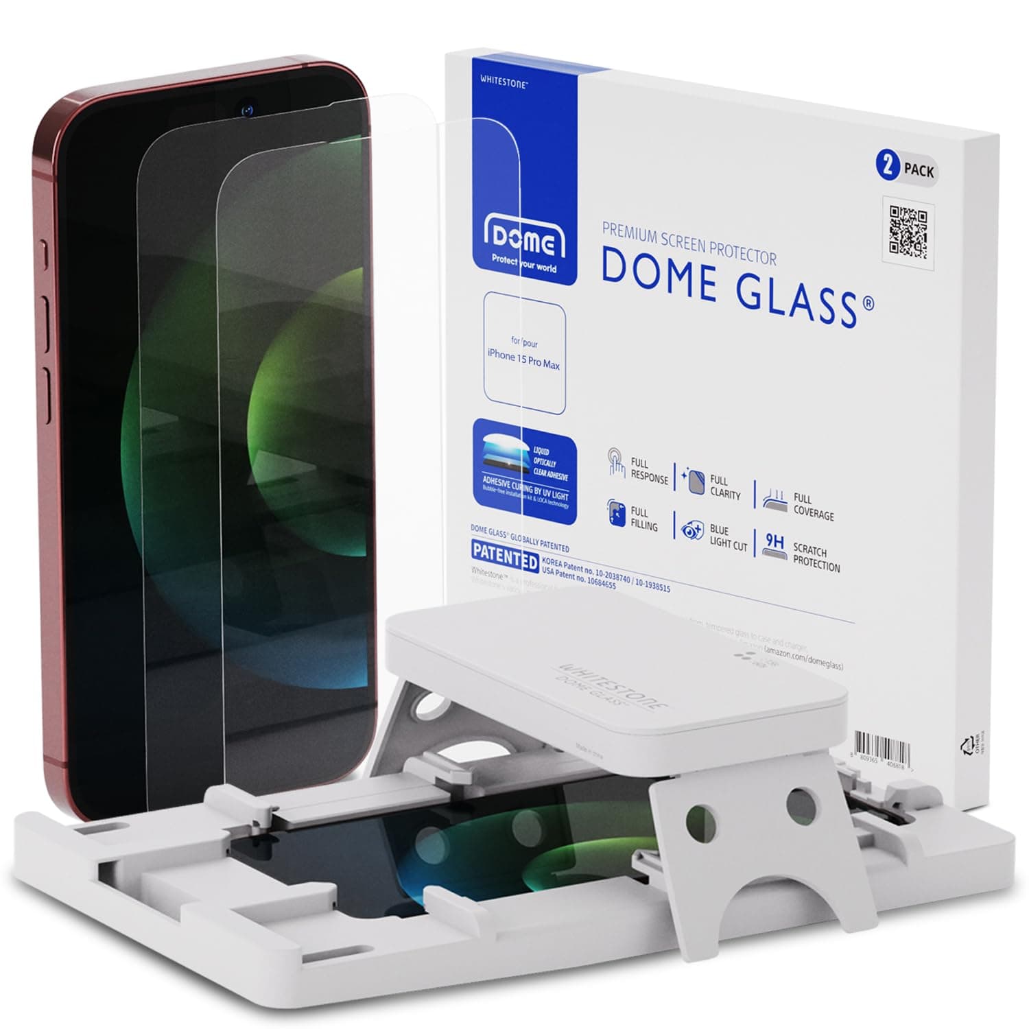 DOME GLASS Whitestone [Perfect Full Coverage] Tempered Glass Screen Protector for iPhone 15 Pro Max with UV lamp [2Pack]