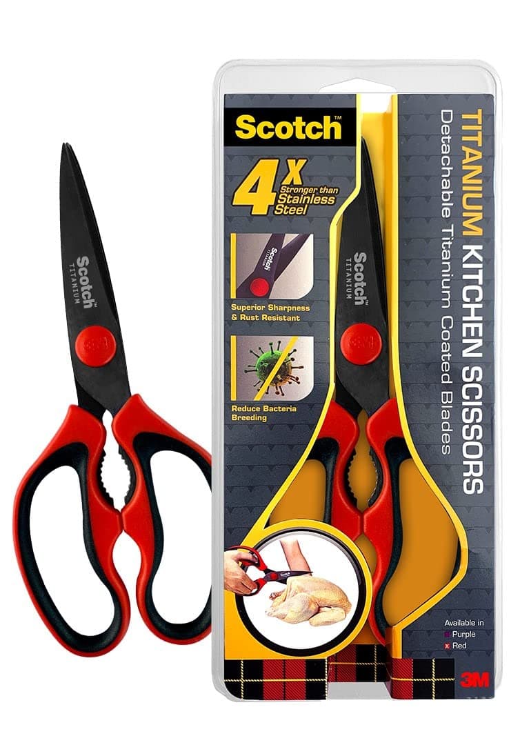 3M Scotch Titanium Kitchen Scissors | Anti-microbial, rust-free and detachable blades | Cuts through meat, soft bones | Nut-cracker | Scaling fish