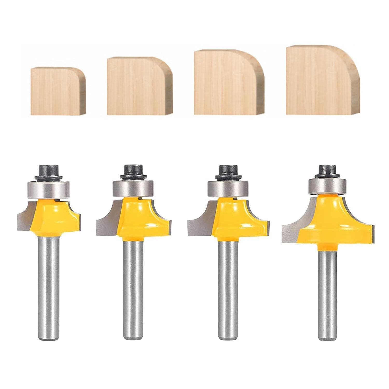 Roundover Router Bit Set，4pcs Router bit Set，1/4 inch Shank，Radius in 1/8", 1/4", 3/16", 5/16"，Bearing Guide for Rounding Edge bit (4pcs Roundover Router Bit)