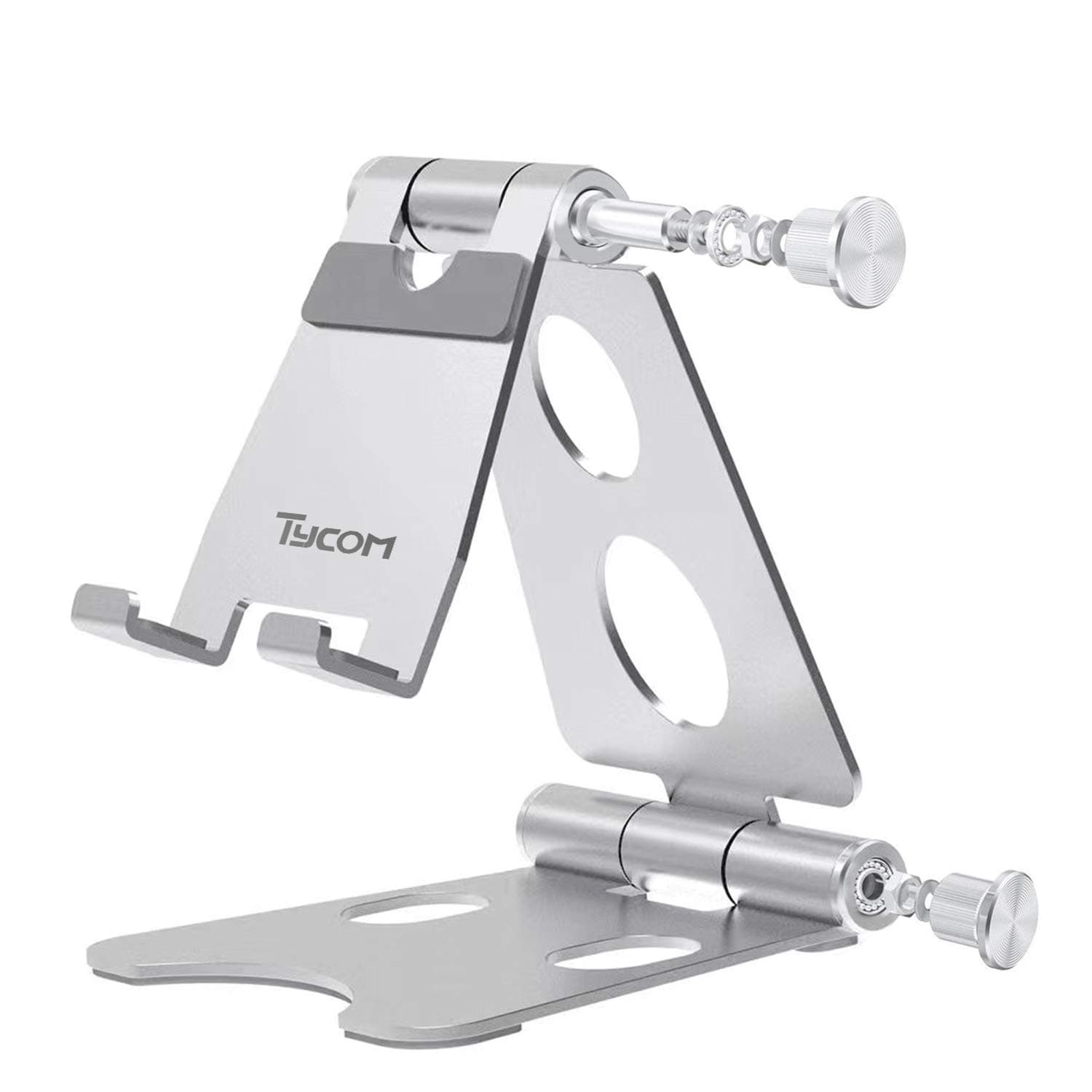 Tycom Desktop Cell Phone Stand, Double Adjustable Mobile Phone Tablet Holder, Aluminum Portable Desk Stand for iPhone 11, iPhone X, iPhone 8 7, Samsung, Galaxy S9 S8, iPad (Silver)