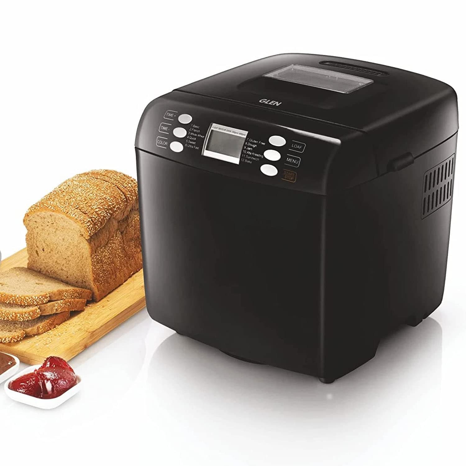 Glen Bread Maker & Atta Kneader Machine, 700-900gm, Fully Automatic, With Time Delay Start & 12 Pre-Set Functions, Non-Stick Baking Pan, 3 Crust Setting, Electronic Controls, 550W-Black(3039)