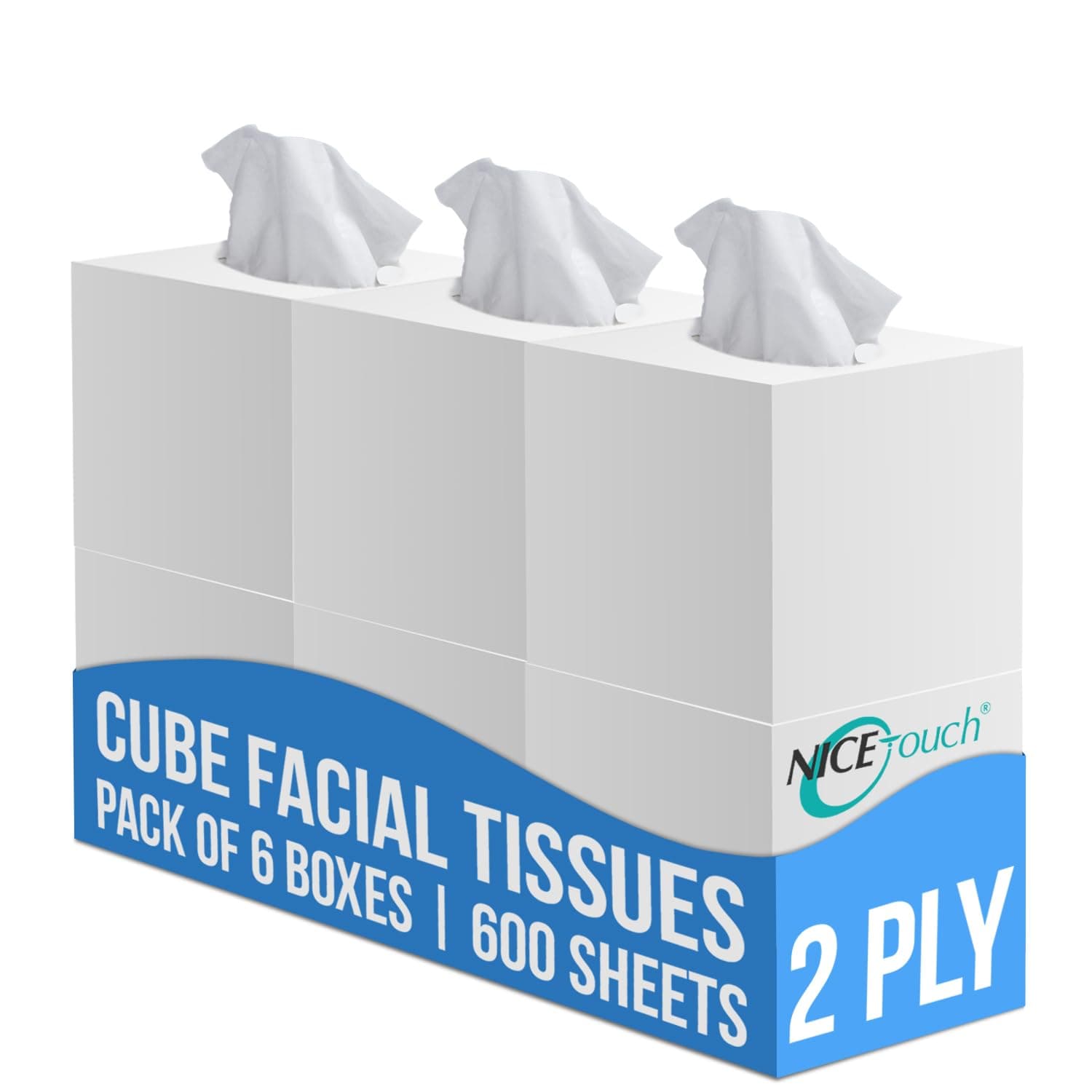 Nice Touch Facial Tissue - 2-Ply X 6 Cube Boxes of 100 Sheets Each - 600 Premium Soft Feel and Absorbent Tissues for All Skin Types and any event