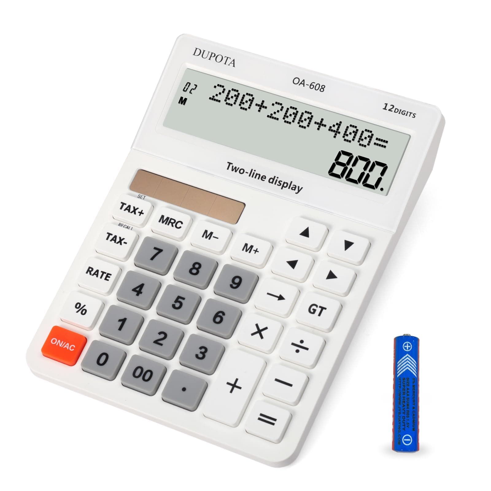 Desktop Calculator Large Display Big Buttons with 12 Digits 2-line LCD, Dual Solar Power and Battery, Calculator with Tax and Check Function for Office, Home, School and Business (OA-608)