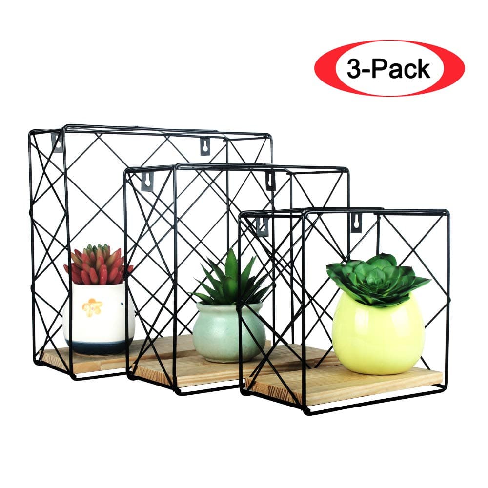 Growsun Floating Shelves Square Metal Wall-Mounted Storage Display Shelf with Wooden Bracket,3 Pack Black