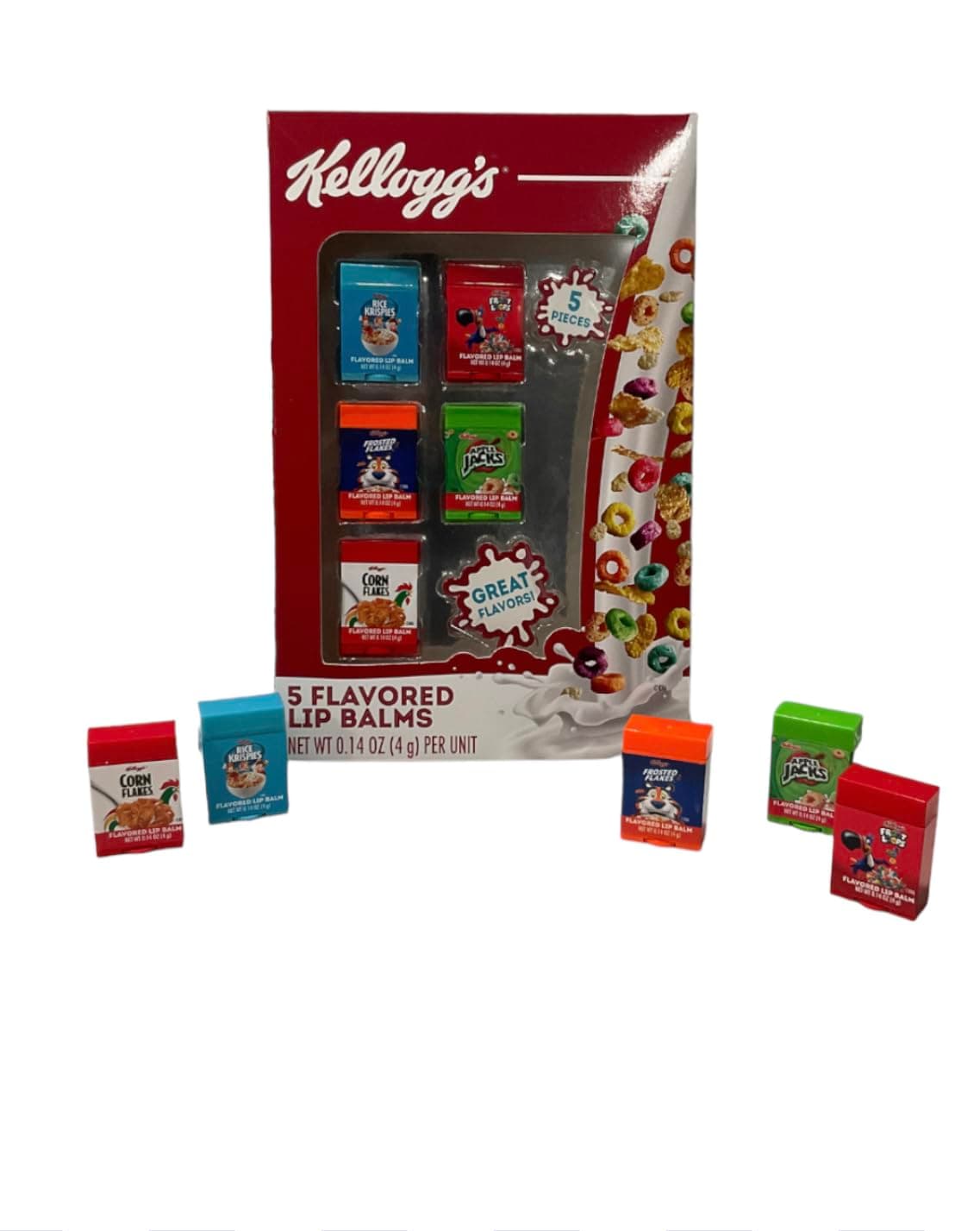 5-Piece Kelloggs Cereal Flavored Lip Balm Vending Machine Set, Cute Cereal Box Shaped Balms, Includes Corn Flakes, Rice Krispies, Frosted Flakes, Apple Jacks, & Fruit Loops