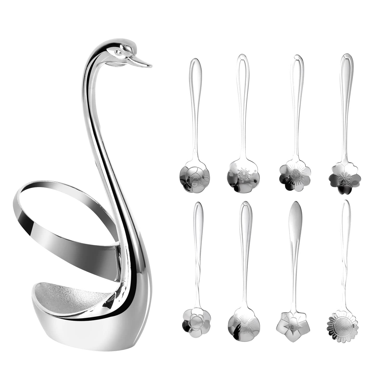 AnSaw Silver Small Swan Base Holder With Silver 8 Pcs Flower Spoon Set,Stainless Steel Reusable Tea Scoops Stirring Spoon Coffee Spoon