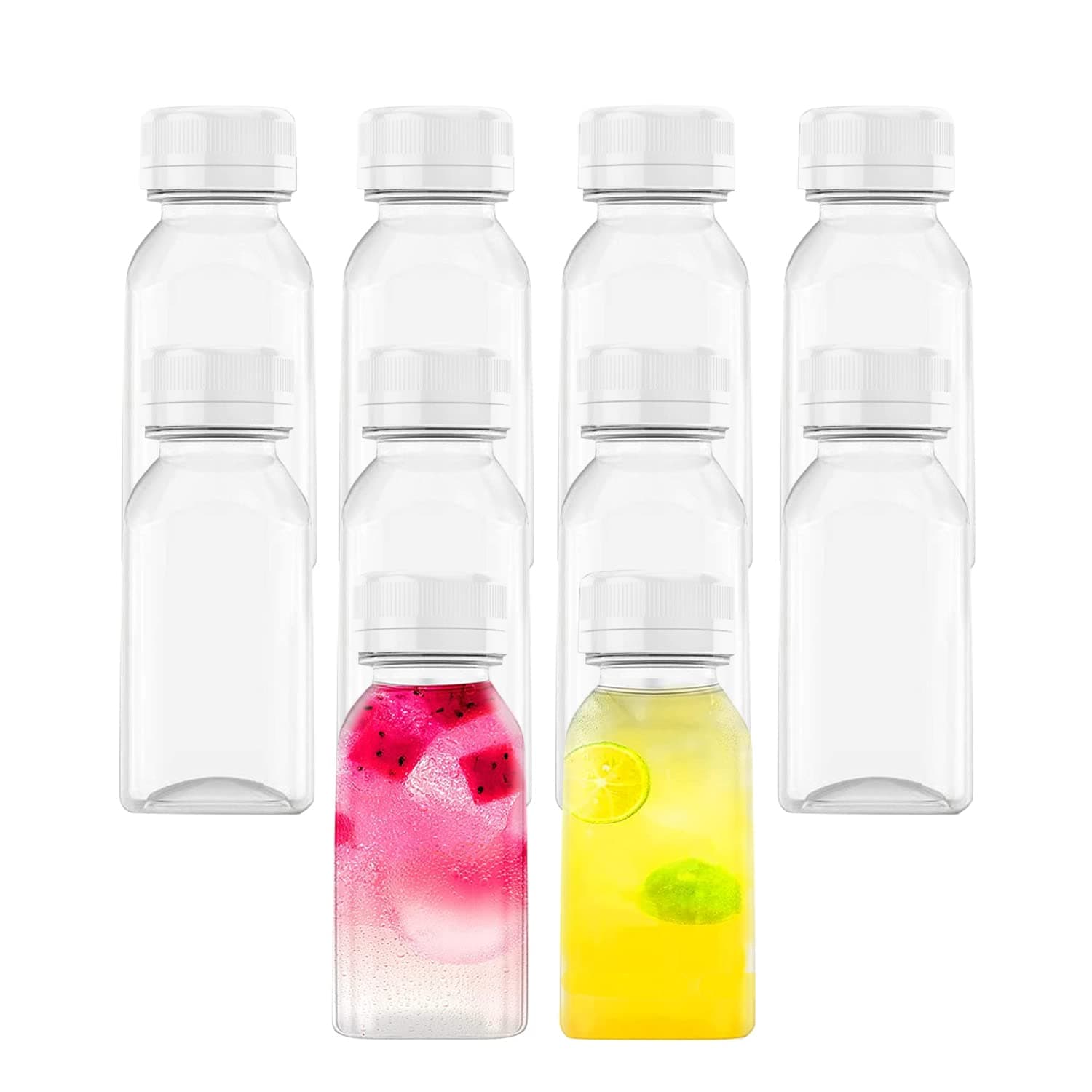 10 Pcs 4 OZ Plastic Juice Bottles, Reusable Bulk Beverage Containers, Comes White lid, for Juice, Milk and Other Beverages.