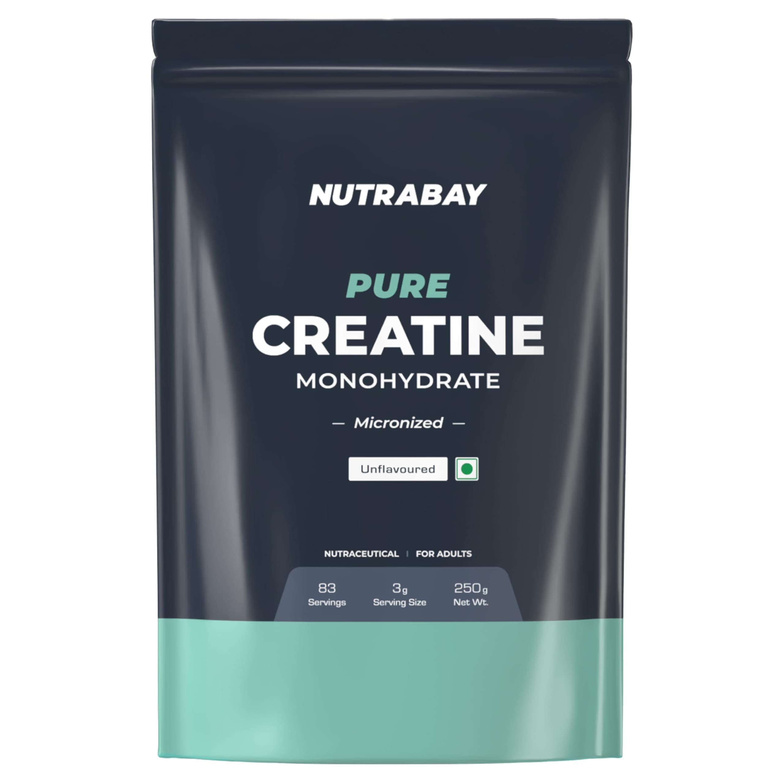 Nutrabay Pure Micronised Creatine Monohydrate | Pre/Post Workout Supplement for Muscle Repair & Recovery | Supports Athletic Performance & Power - 250g, Unflavoured, 83 Servings