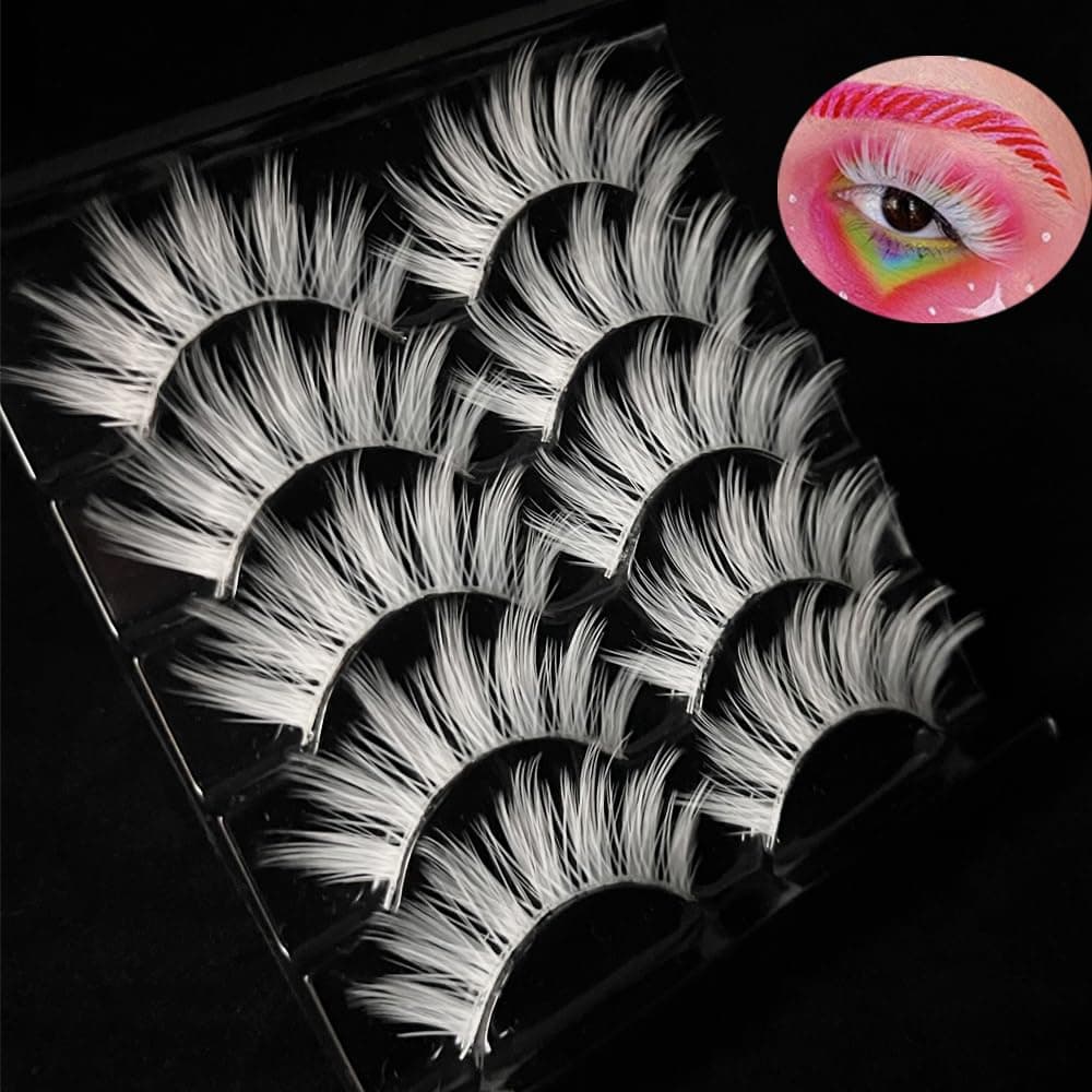White Eyelashes Halloween & Easter Cosplay White Lashes Thick Fluffy 15MM Can Be Trimmed Fake Eye Lashes Extension Tool Costume Party False Eyelashes Stage Performance (MQ1-5Pairs)
