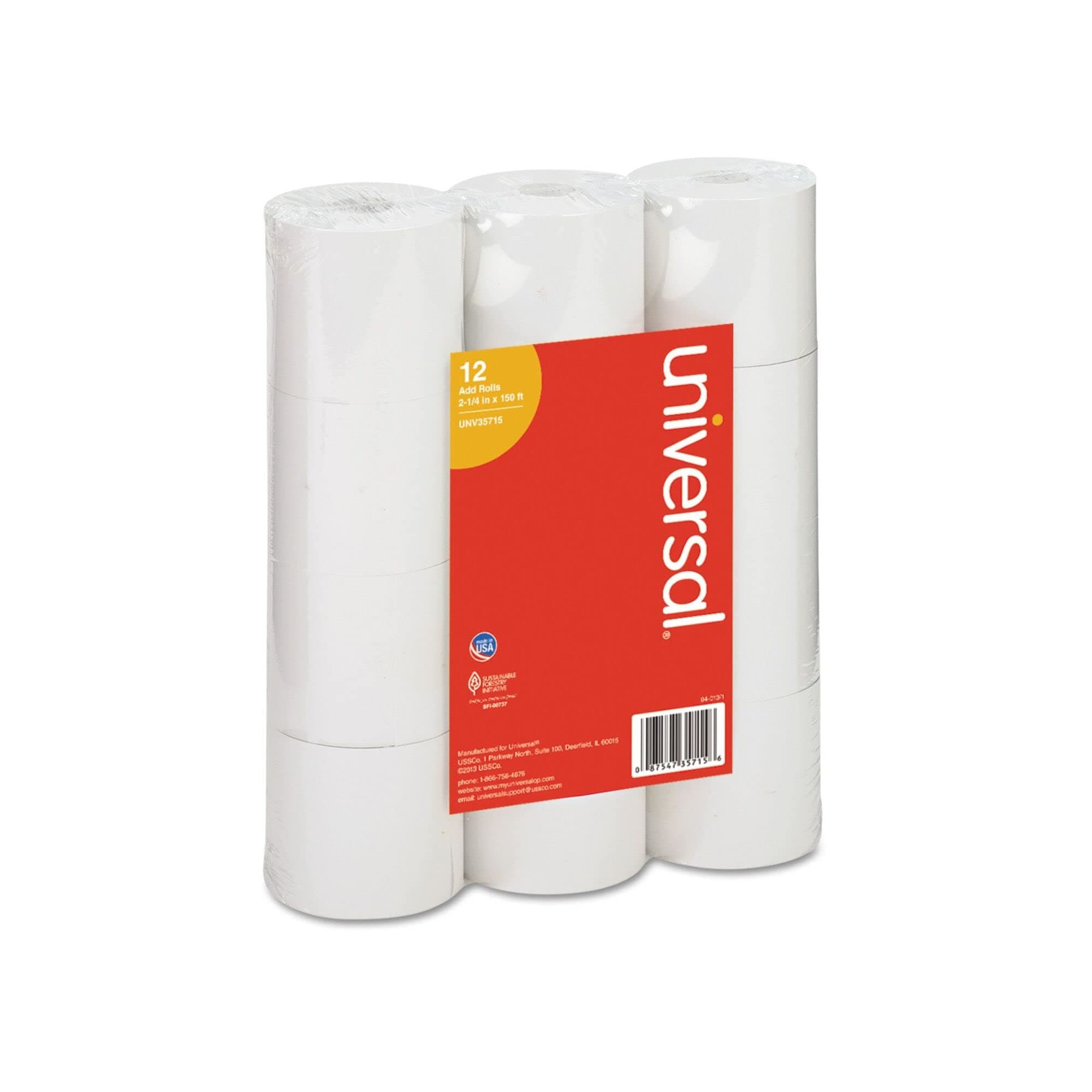 Adding Machine/Calculator Roll, 2-1/4"x150 ft White 12/Pack, UNV35715