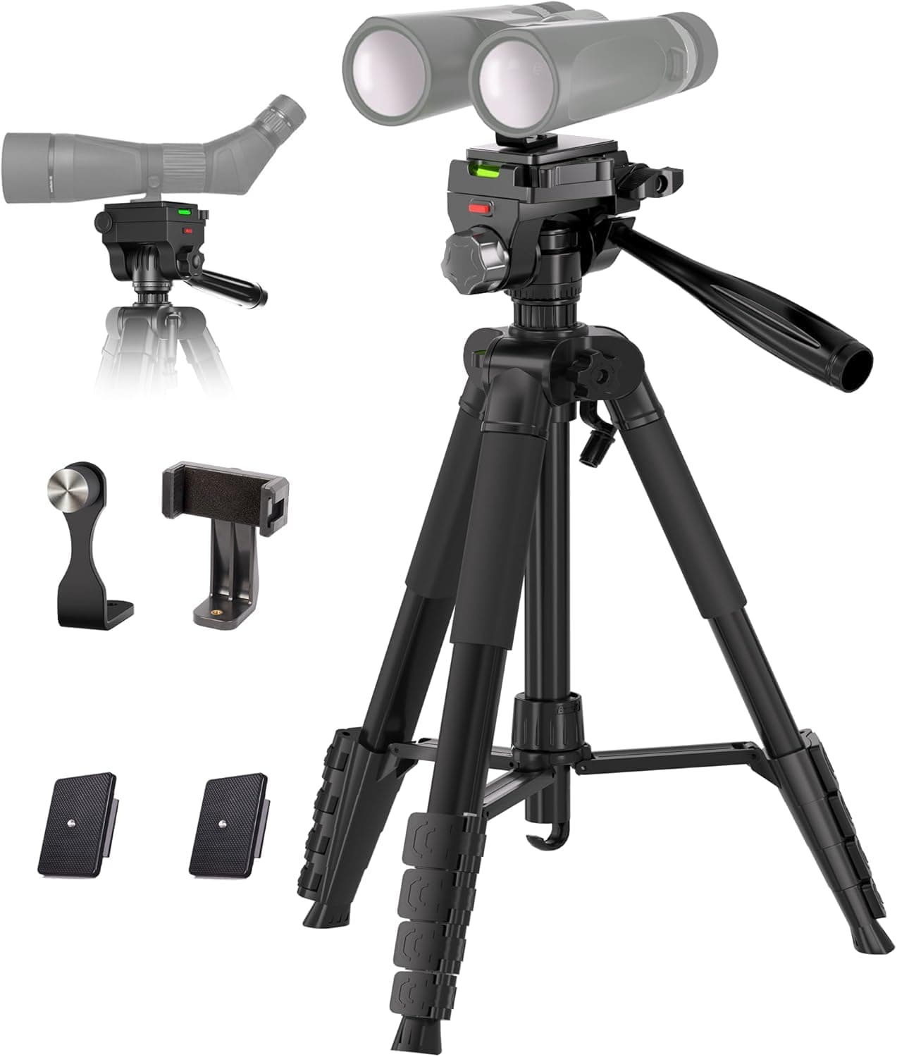 Binocular Tripod, 72” Spotting Scope Tripod Stand with Binocular Adapter and 2 QR Plates, Travel Camera Stand with Phone Holder/Carry Bag, Compatible with Binoculars/Spotting Scope/Camera/Phone