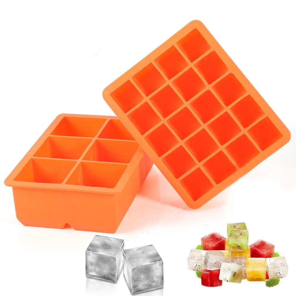 Ice Cube Tray, 2 Pack Silicone Ice Cube Molds 6+20 Large & Small Square Ice Cubes BPA Free Nontoxic Ice Cube,Flexible and Easy Release Orange (Square)
