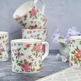 Tea Cups Set of 6 | Ideal for Everyday Tea and Coffee, Enhancing Your Daily Rituals | Handcrafted & 24K Gold on Rim - Whimsical Blossoms Tea Mugs