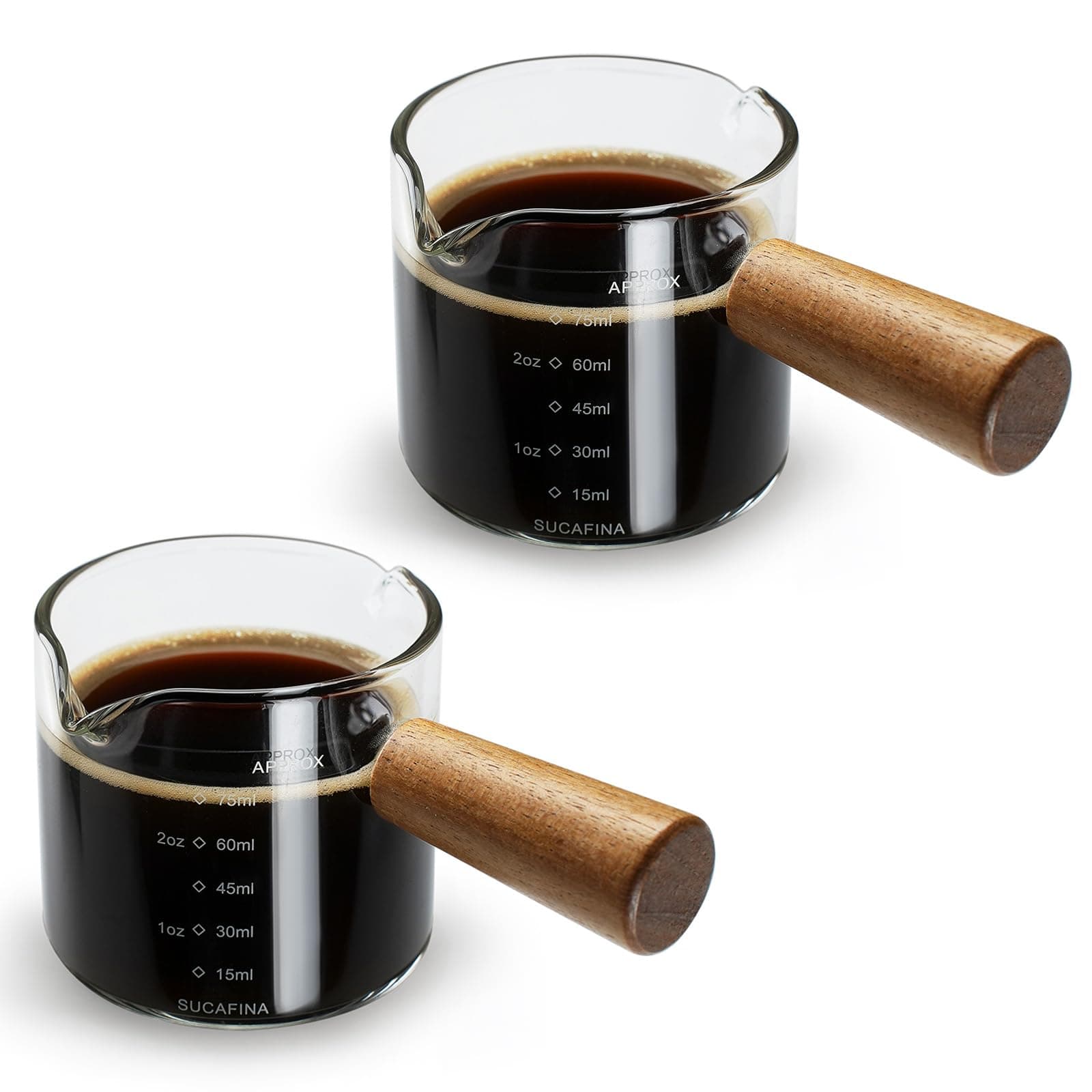 2 Pack Espresso Cups with Wood Handle, 75ML Double Spout Glass Measuring Cup with Dual Scale, Espresso Shot with V-Shaped Mouth, Clear Glass Espresso Accessories, Milk Frothing Pitcher