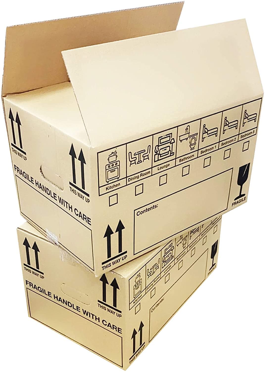 10 Strong Extra Large Cardboard Storage Packing Moving House Boxes with Carry Handles and Room List 50cm x 33cm x 33cm