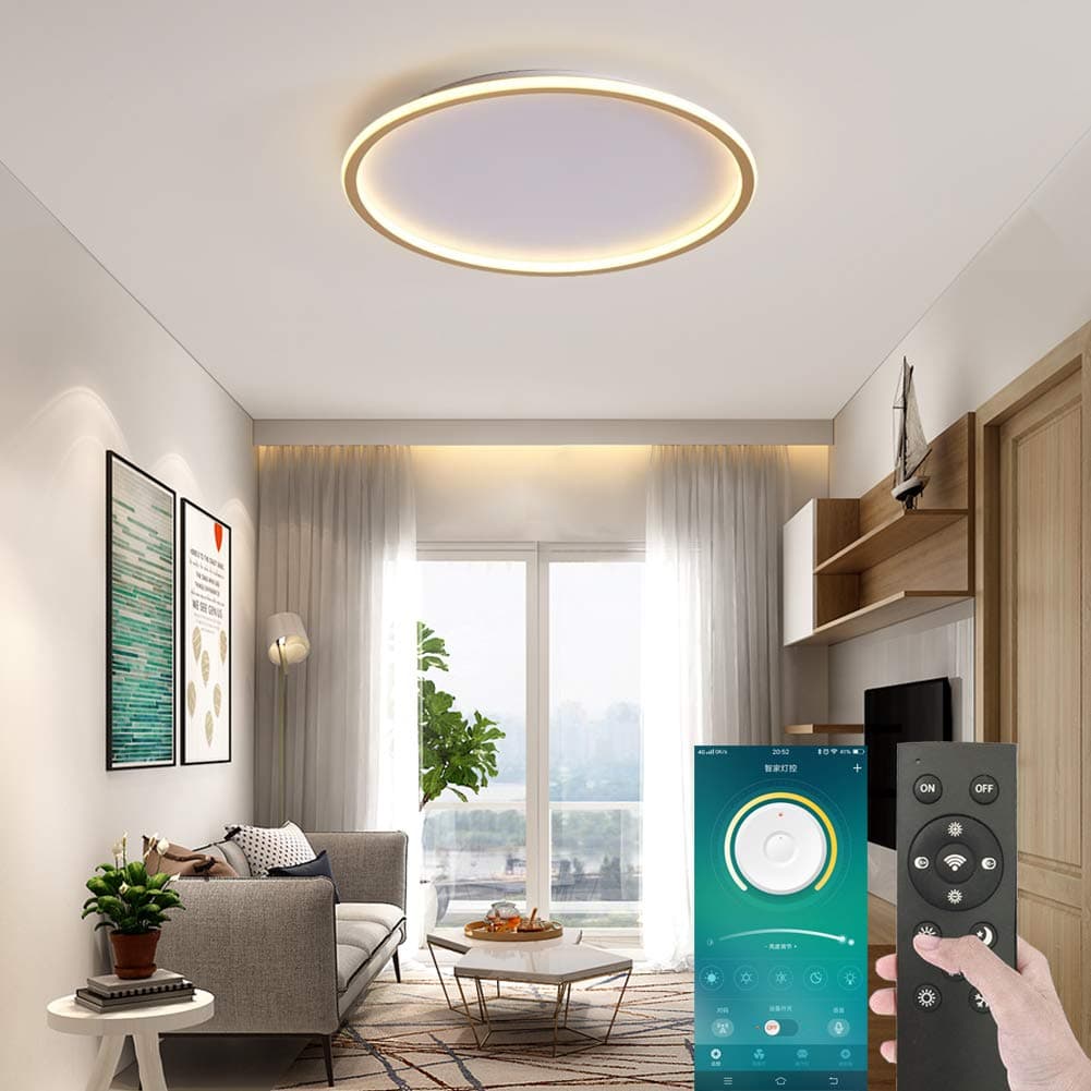 Golden Smart Ceiling Light, Dimmable Low Profile Ambient Light Fixture with BT Wireless Smart Flush Mount Lamp, Home APP Remote Control 3 Color in One LED Ceiling Light, 36W Close to Ceiling Light