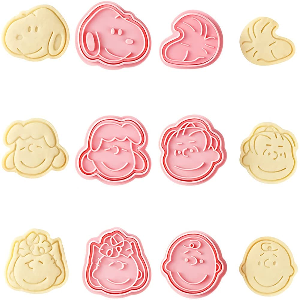 Simmpu Cookie Pressing Cutter Embossing Mold, 6pcs Snoopy Cutters Set Plastic Biscuit Fondant Press Plunger Mould Cartoon Pattern Printing DIY Baking Tools for Kids Cake Pastry Decor-Pink