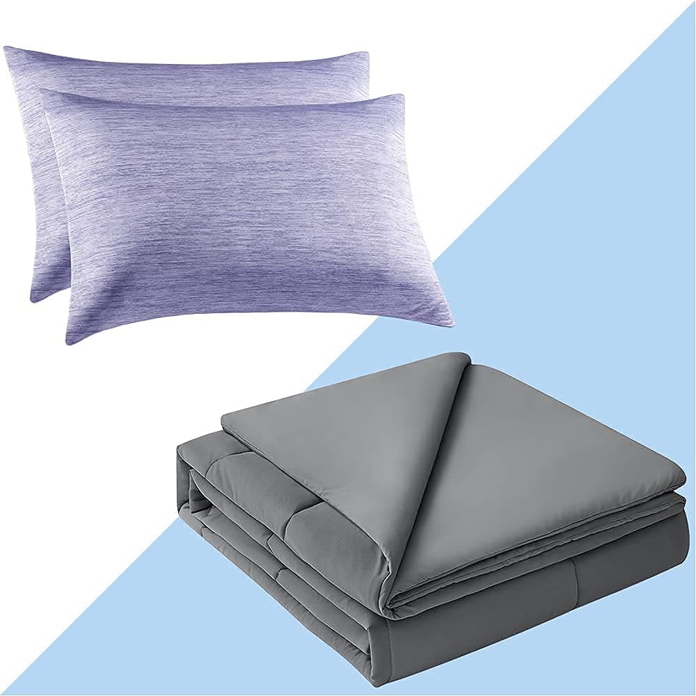 ElegearCooling Pillow Cases 20" x 30" Blue and Cooling Comforter 79" x 86" Gray Bundle