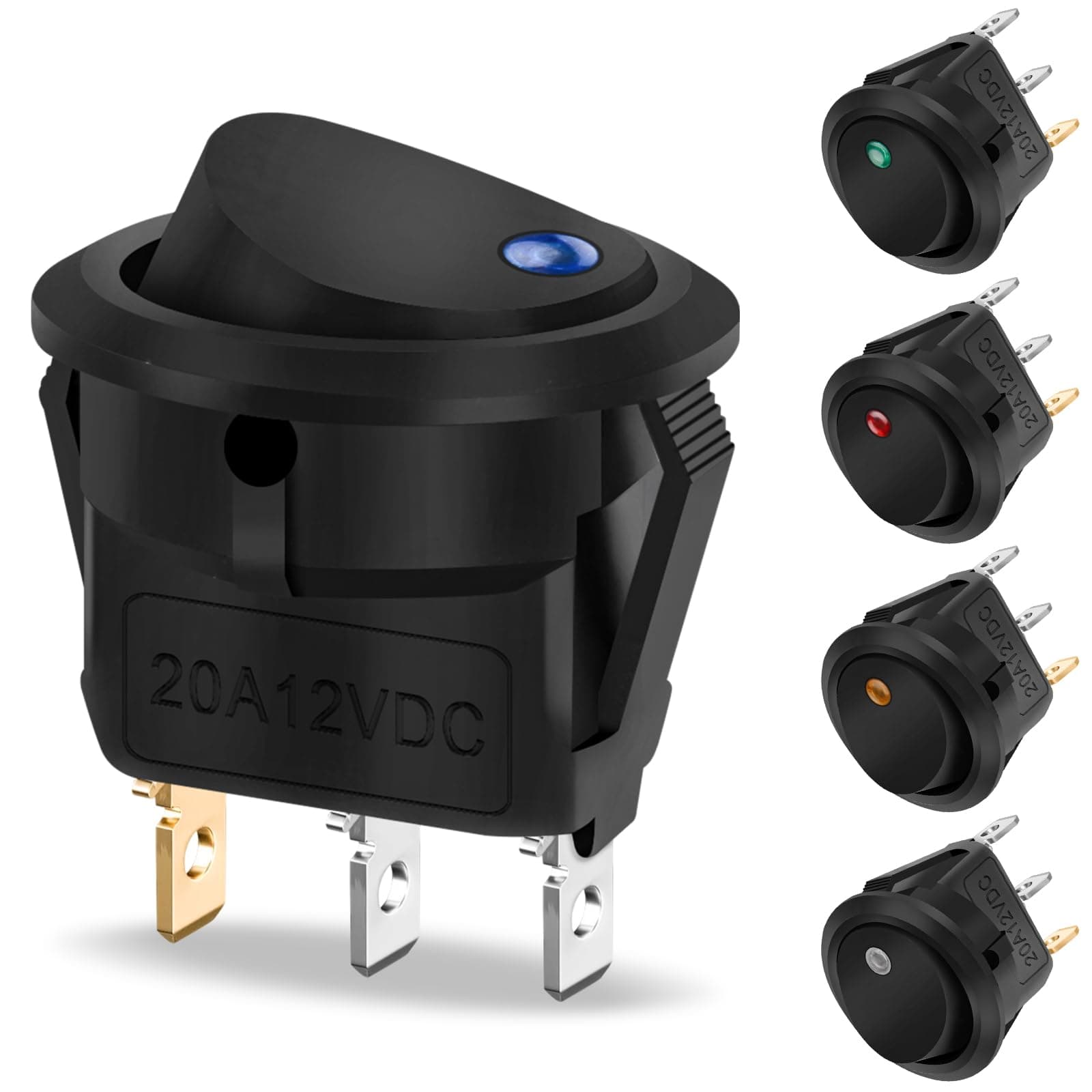 12V LED-Illuminated Round Rocker Switch, 5Pcs 20A Toggle with 5-Color LED Light for Car, Boat, Household