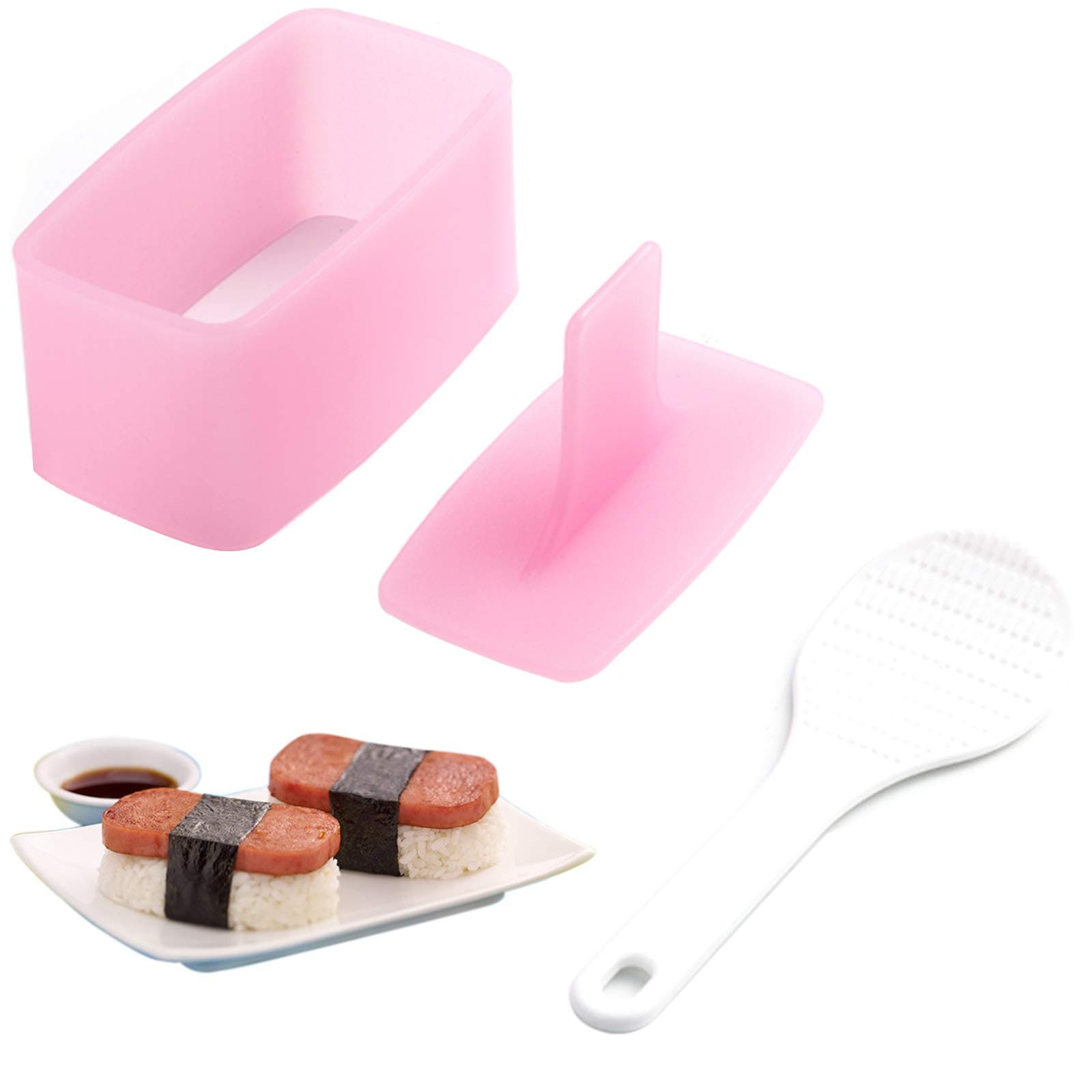 1 Pack Non Stick Musubi Maker Press with Small Rice Paddle, Sushi Making Kit Onigiri Mold Luncheon Meat Press Hawaiian Musubi Maker Mold (Pink)
