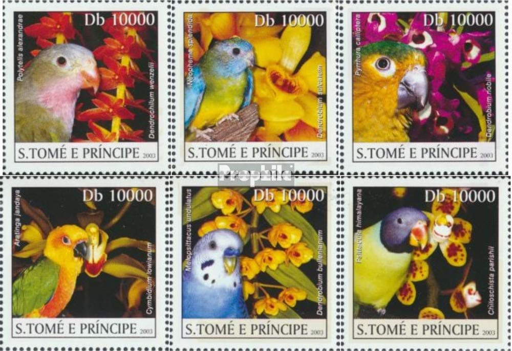 Sao Tome e Principe 2085-2090 (complete.issue.) 2003 Parrots and Orchids (Stamps for collectors) Birds