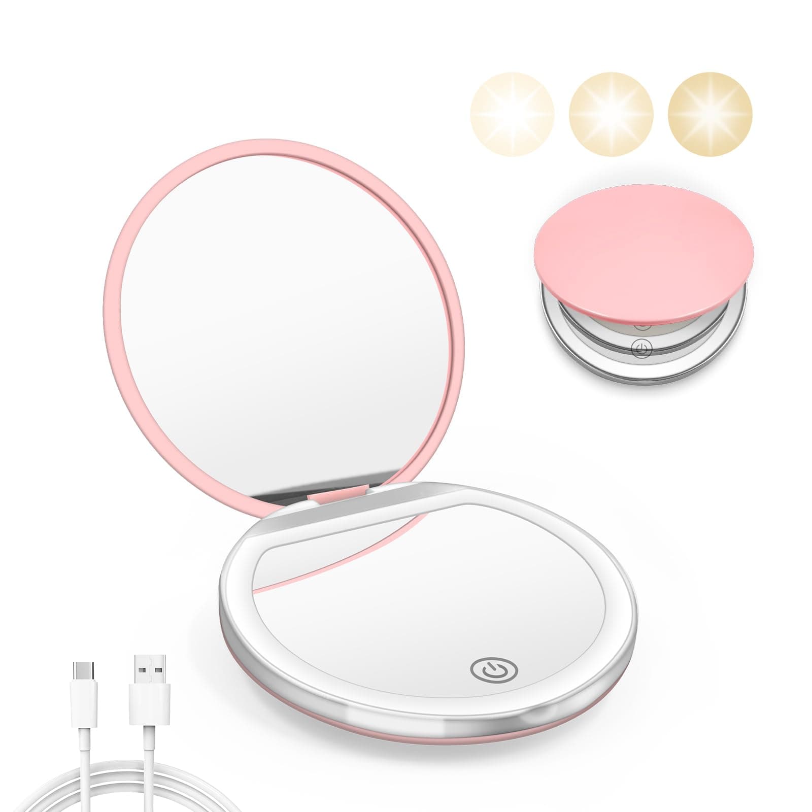 Compact Mirror with Light, 1X/3X Magnification LED Pocket Mirror with USB Data Cable,Mini Mirror for Purse, Pocket,Travel and Present (Pink)